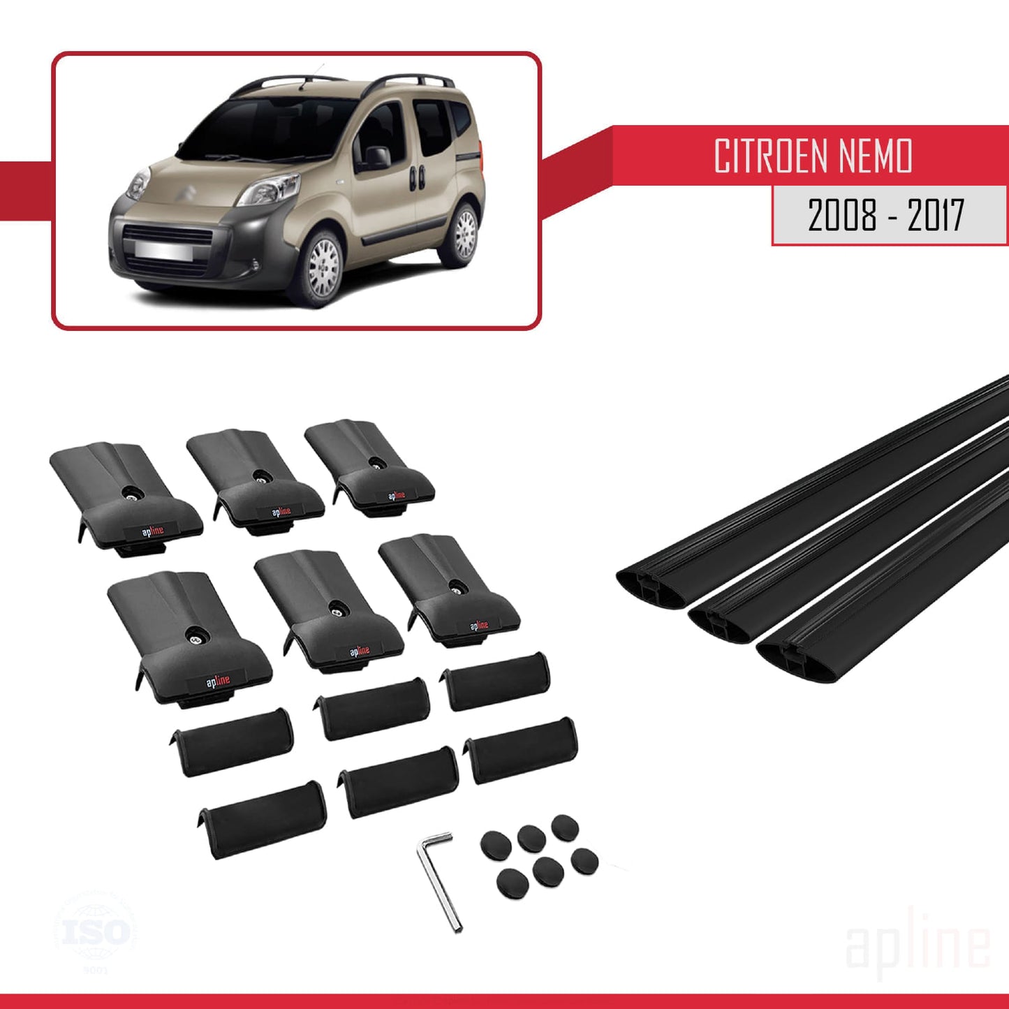 Compatible with Citroen Nemo 3 (225) 2008-2017 FLY Model Car Roof Rack Cross Bar Black Aluminium 3 Bars