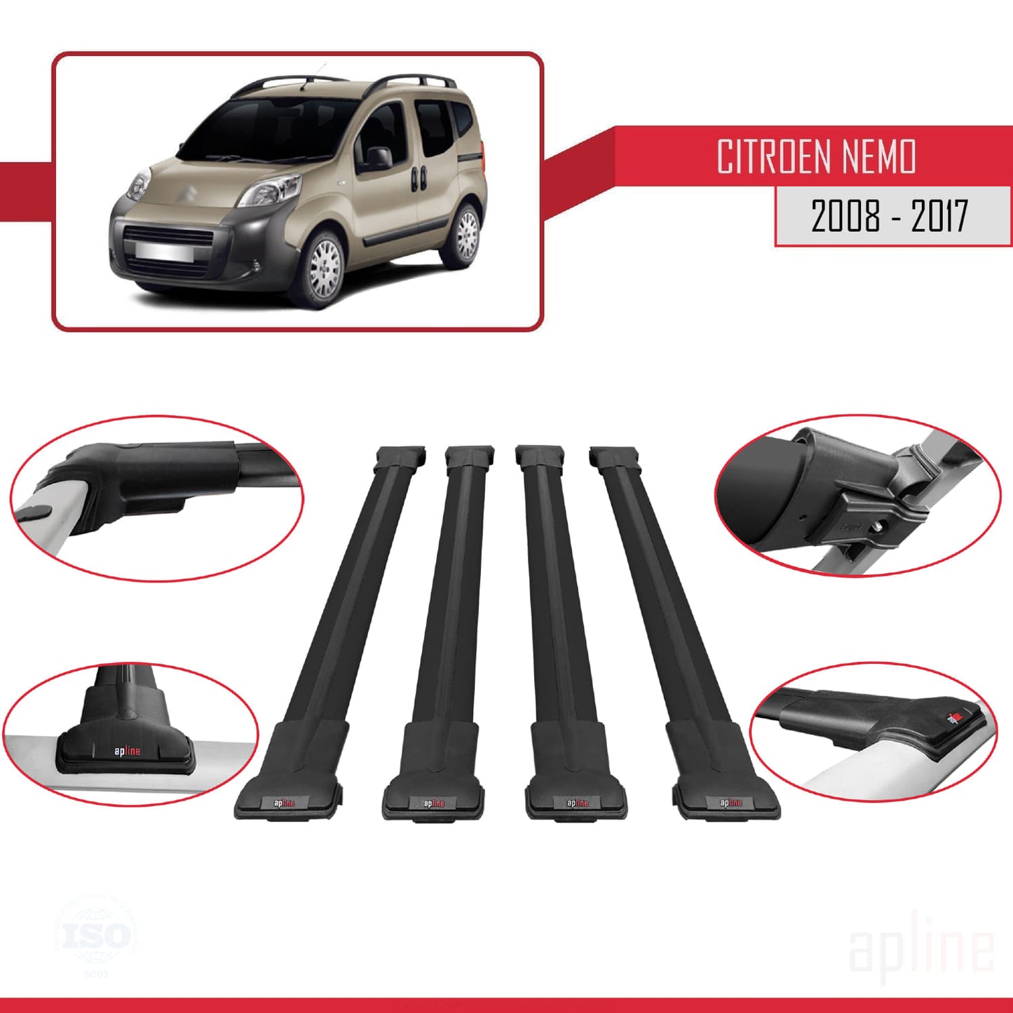 Compatible with Citroen Nemo 3 (225) 2008-2017 FLY Model Car Roof Rack Cross Bar Black Aluminium 4 Bars
