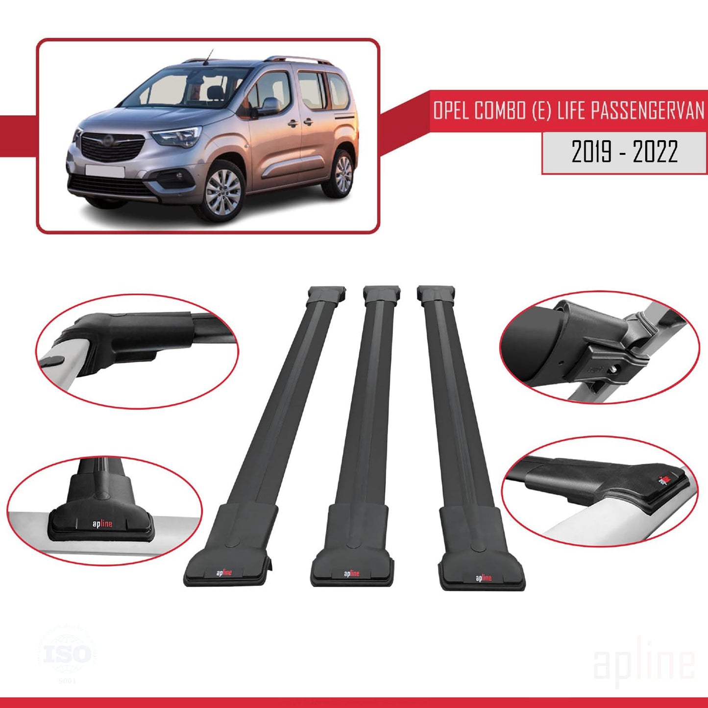 Compatible with Opel Combo E Cargo 2019-2022 FLY Model Car Roof Rack Cross Bar Black Aluminium 3 Bars