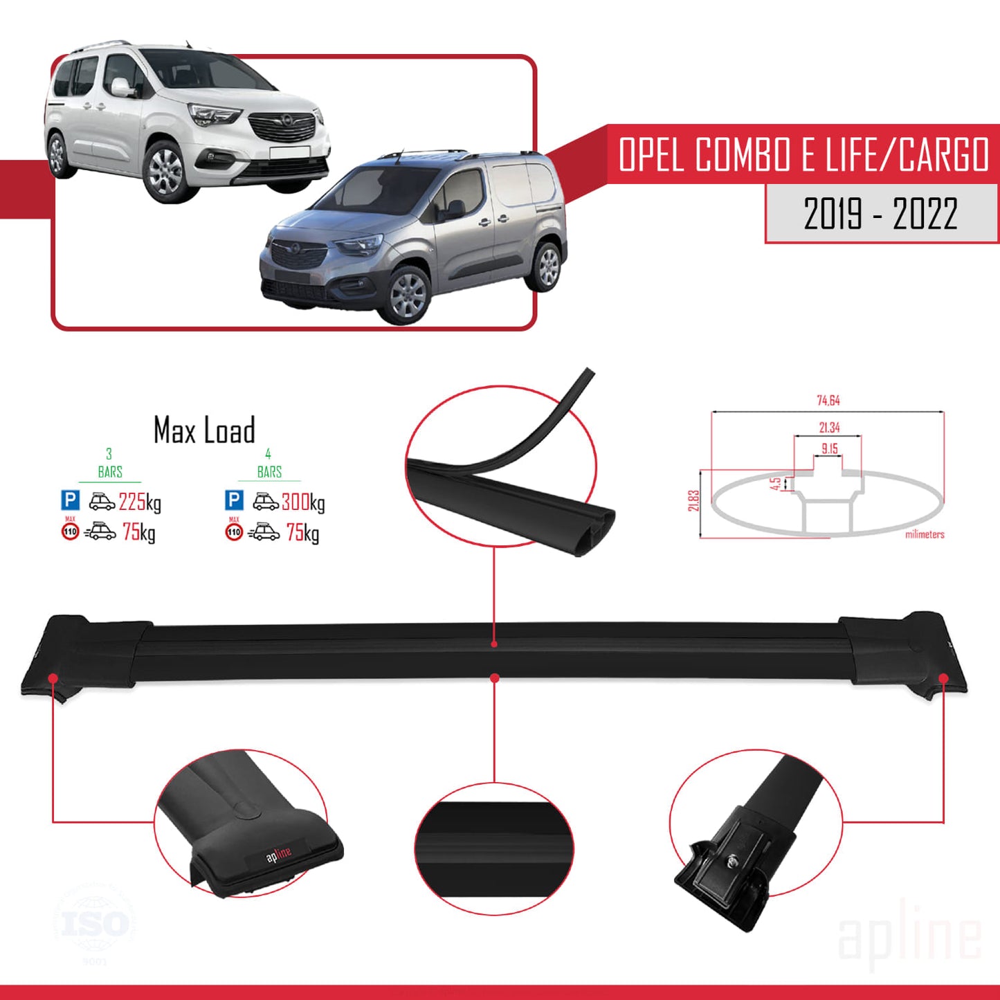 Compatible with Opel Combo E Life 2019-2022 FLY Model Car Roof Rack Cross Bar Black Aluminium 3 Bars