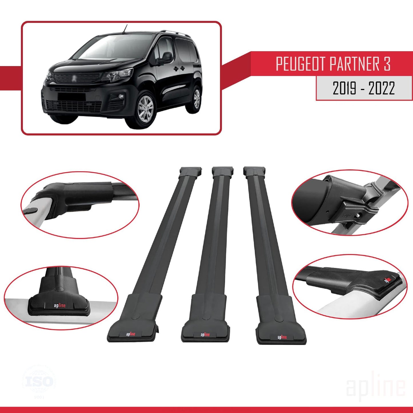 Compatible with Peugeot Partner 3 2019-2022 FLY Model Car Roof Rack Cross Bar Black Aluminium 3 Bars