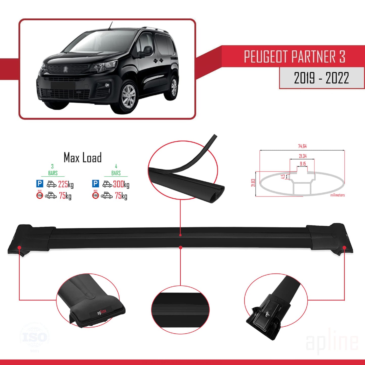 Compatible with Peugeot Partner 3 2019-2022 FLY Model Car Roof Rack Cross Bar Black Aluminium 4 Bars