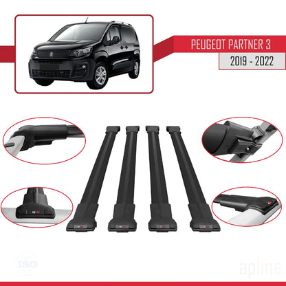 Compatible with Peugeot Partner 3 2019-2022 FLY Model Car Roof Rack Cross Bar Black Aluminium 4 Bars