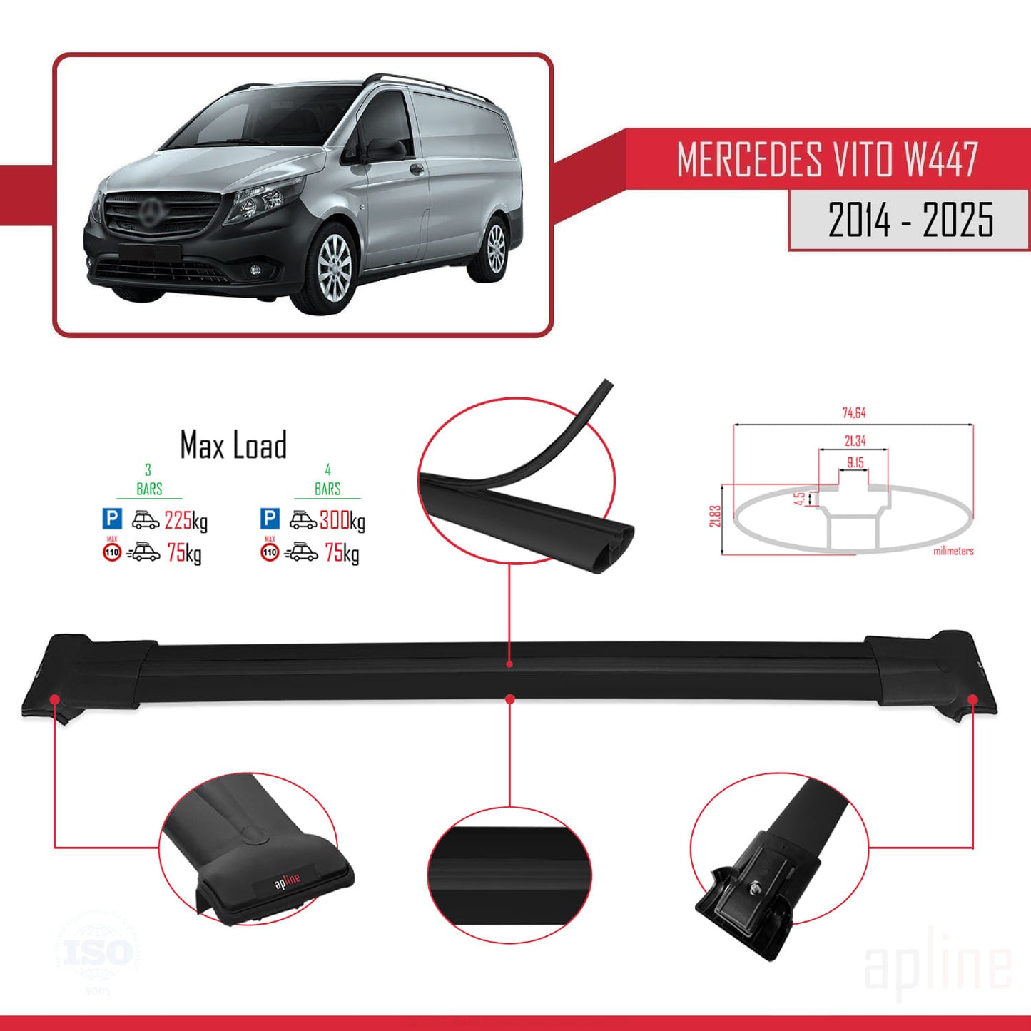 Compatible with Mercedes Vito 3 (W447) 2014-2025 FLY Model Car Roof Rack Cross Bar Black Aluminium 4 Bars