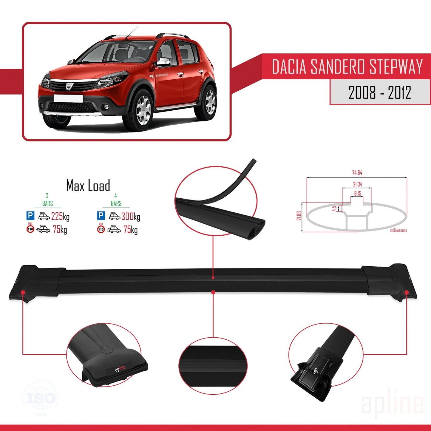 Compatible with Dacia Sandero Stepway 2008-2012 FLY Model Car Roof Rack Cross Bar Black Aluminium 3 Bars