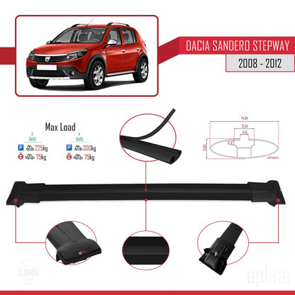 Compatible with Dacia Sandero Stepway 2008-2012 FLY Model Car Roof Rack Cross Bar Black Aluminium 3 Bars