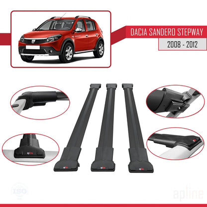 Compatible with Dacia Sandero Stepway 2008-2012 FLY Model Car Roof Rack Cross Bar Black Aluminium 3 Bars