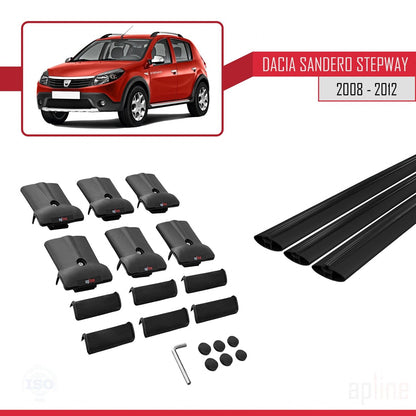 Compatible with Dacia Sandero Stepway 2008-2012 FLY Model Car Roof Rack Cross Bar Black Aluminium 3 Bars