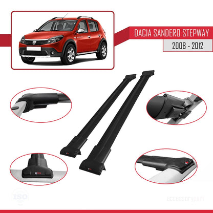Compatible with Dacia Sandero Stepway 2008-2012 FLY Model Car Roof Rack Cross Bar Black Aluminium 2 Bars