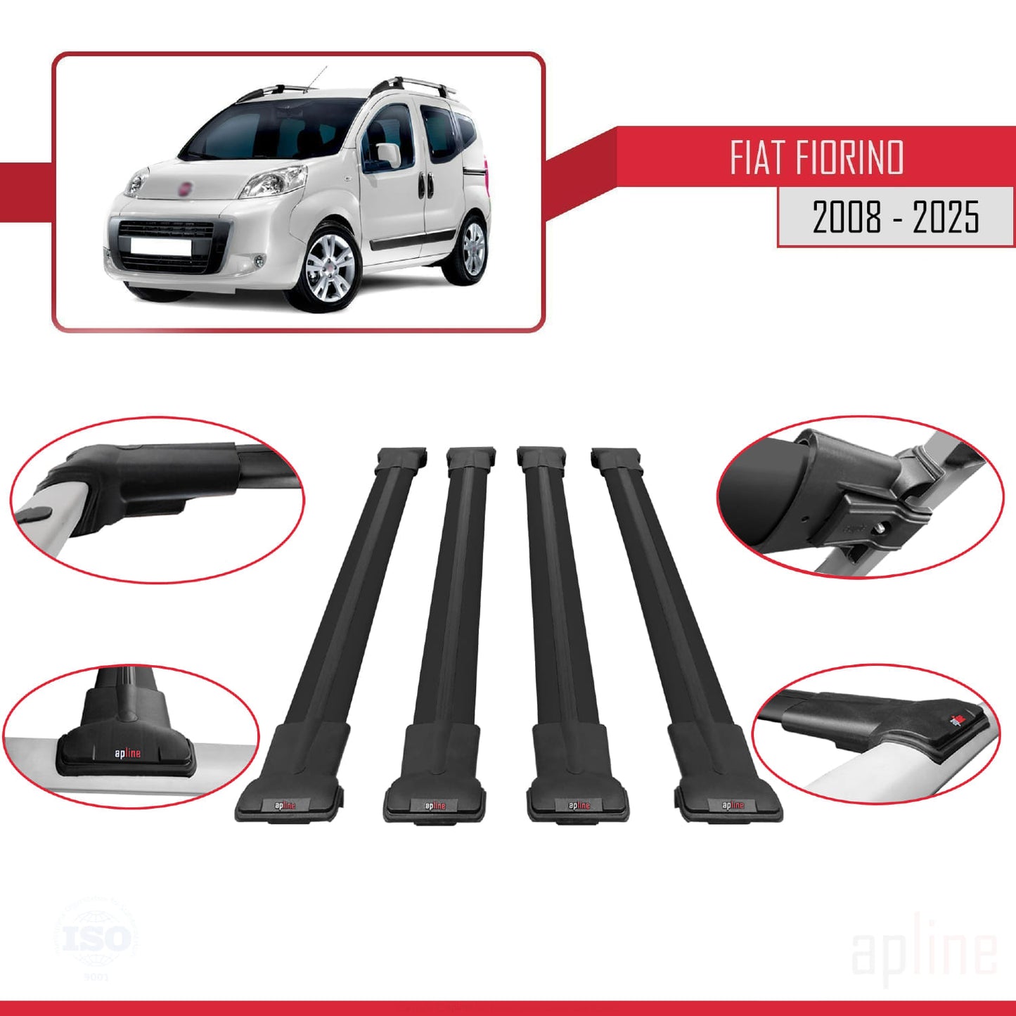 Compatible with Fiat Fiorino 3 2008-2025 FLY Model Car Roof Rack Cross Bar Black Aluminium 4 Bars