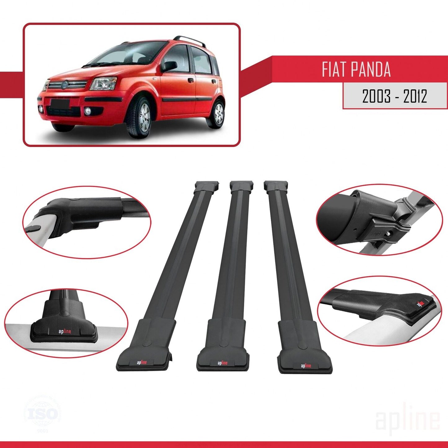 Compatible with Fiat Panda 2 (169) 2003-2012 FLY Model Car Roof Rack Cross Bar Black Aluminium 3 Bars