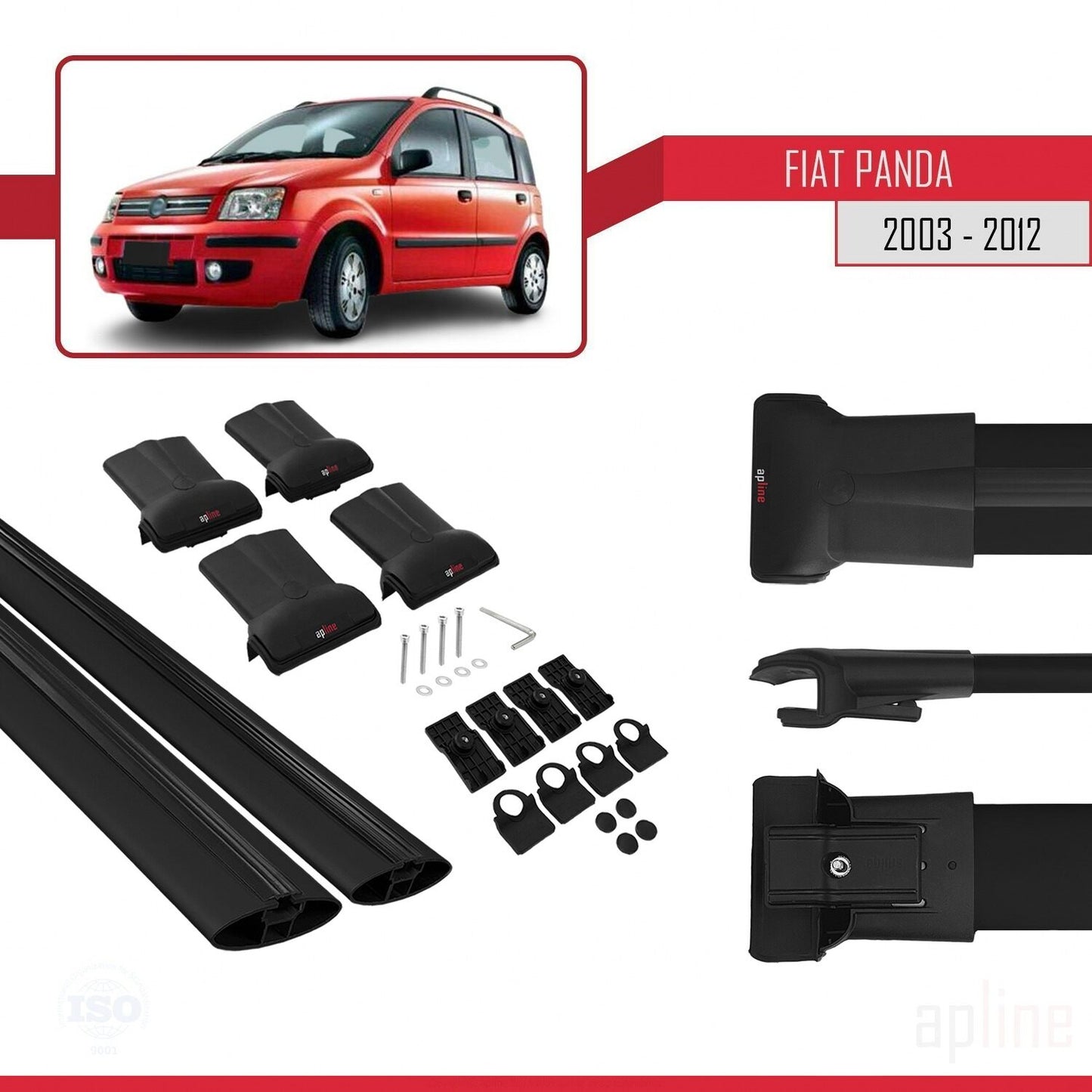 Compatible with Fiat Panda 2 (169) 2003-2012 FLY Model Car Roof Rack Cross Bar Black Aluminium 2 Bars