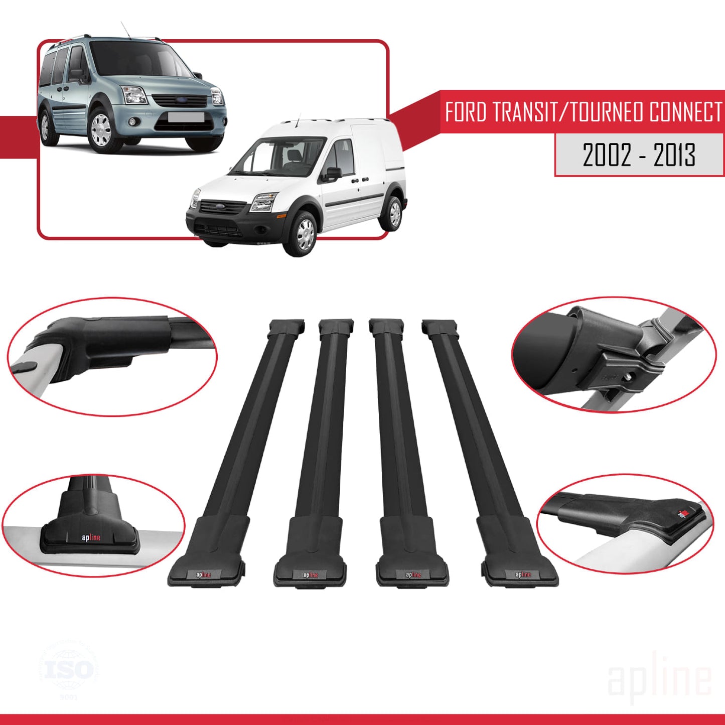 Compatible with Ford Transit/Tourneo Connect 2002-2013 FLY Model Car Roof Rack Cross Bar Black Aluminium 4 Bars