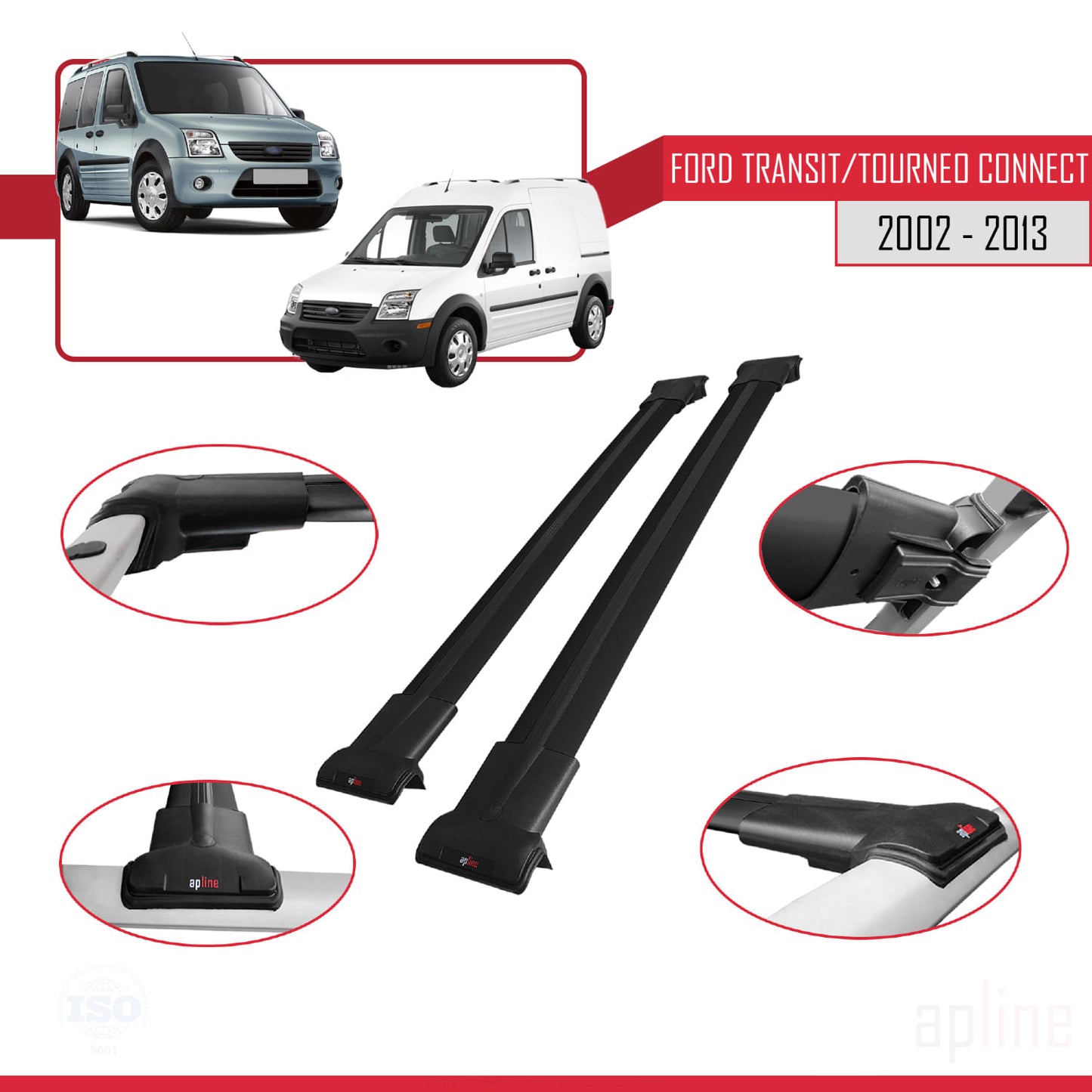 Compatible with Ford Transit/Tourneo Connect 2002-2013 FLY Model Car Roof Rack Cross Bar Black Aluminium 2 Bars