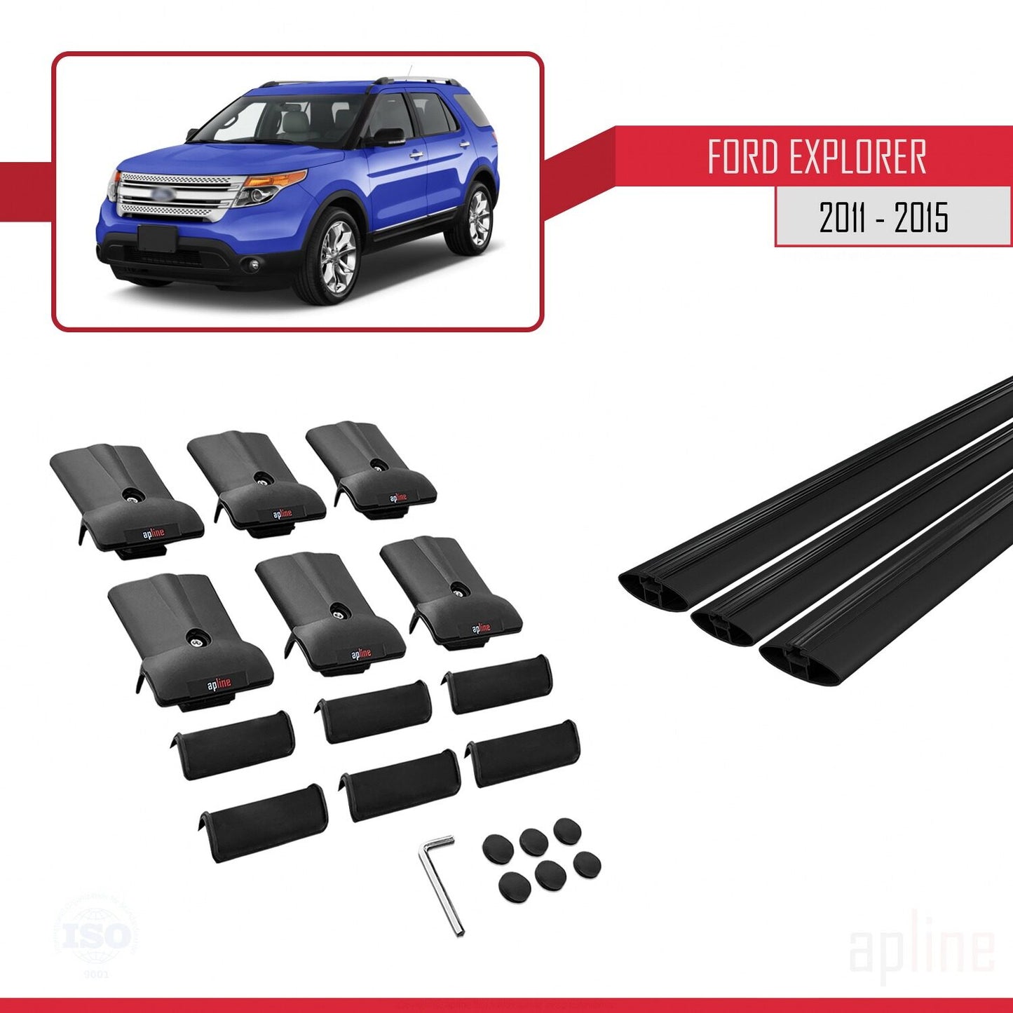 Compatible with Ford Explorer 5 (U502) Pre-Facelift 2011-2015 FLY Model Car Roof Rack Cross Bar Black Aluminium 3 Bars