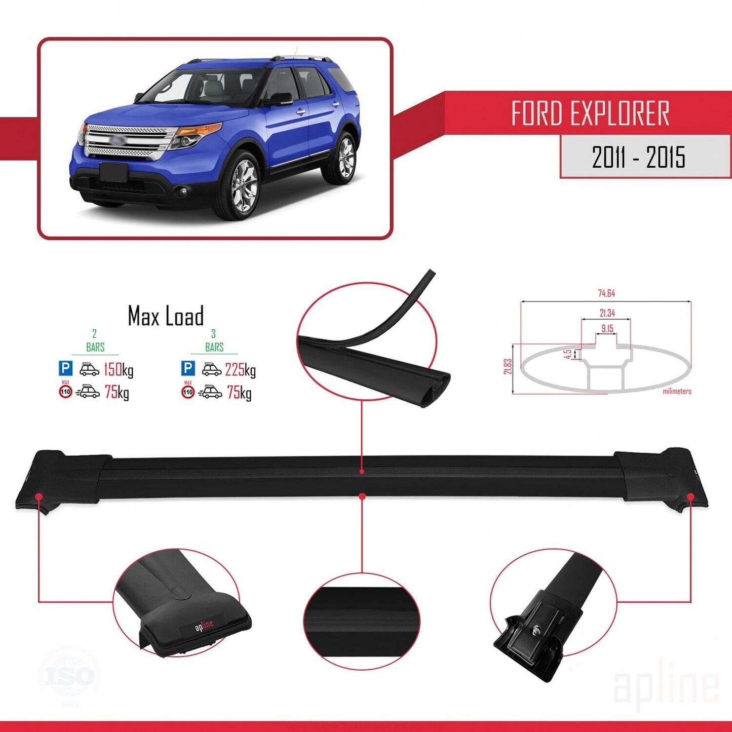 Compatible with Ford Explorer 5 (U502) Pre-Facelift 2011-2015 FLY Model Car Roof Rack Cross Bar Black Aluminium 2 Bars