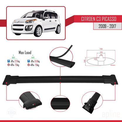 Compatible with Citroen C3 Picasso 2009-2017 FLY Model Car Roof Rack Cross Bar Black Aluminium 3 Bars