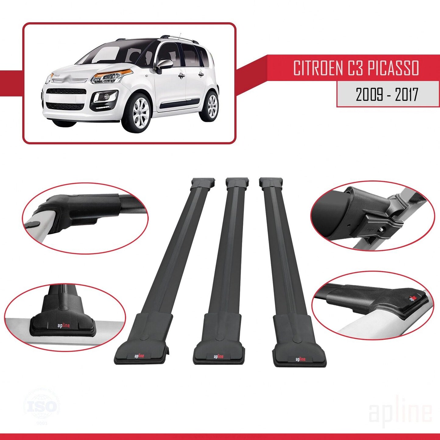 Compatible with Citroen C3 Picasso 2009-2017 FLY Model Car Roof Rack Cross Bar Black Aluminium 3 Bars