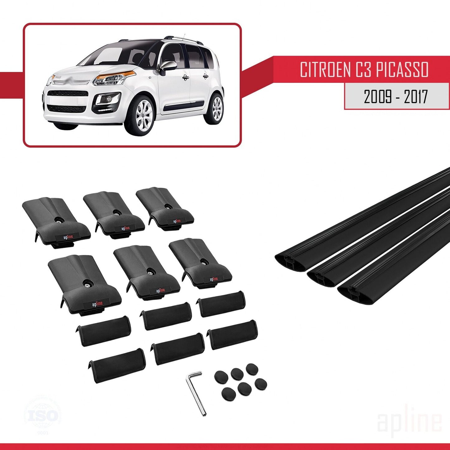 Compatible with Citroen C3 Picasso 2009-2017 FLY Model Car Roof Rack Cross Bar Black Aluminium 3 Bars