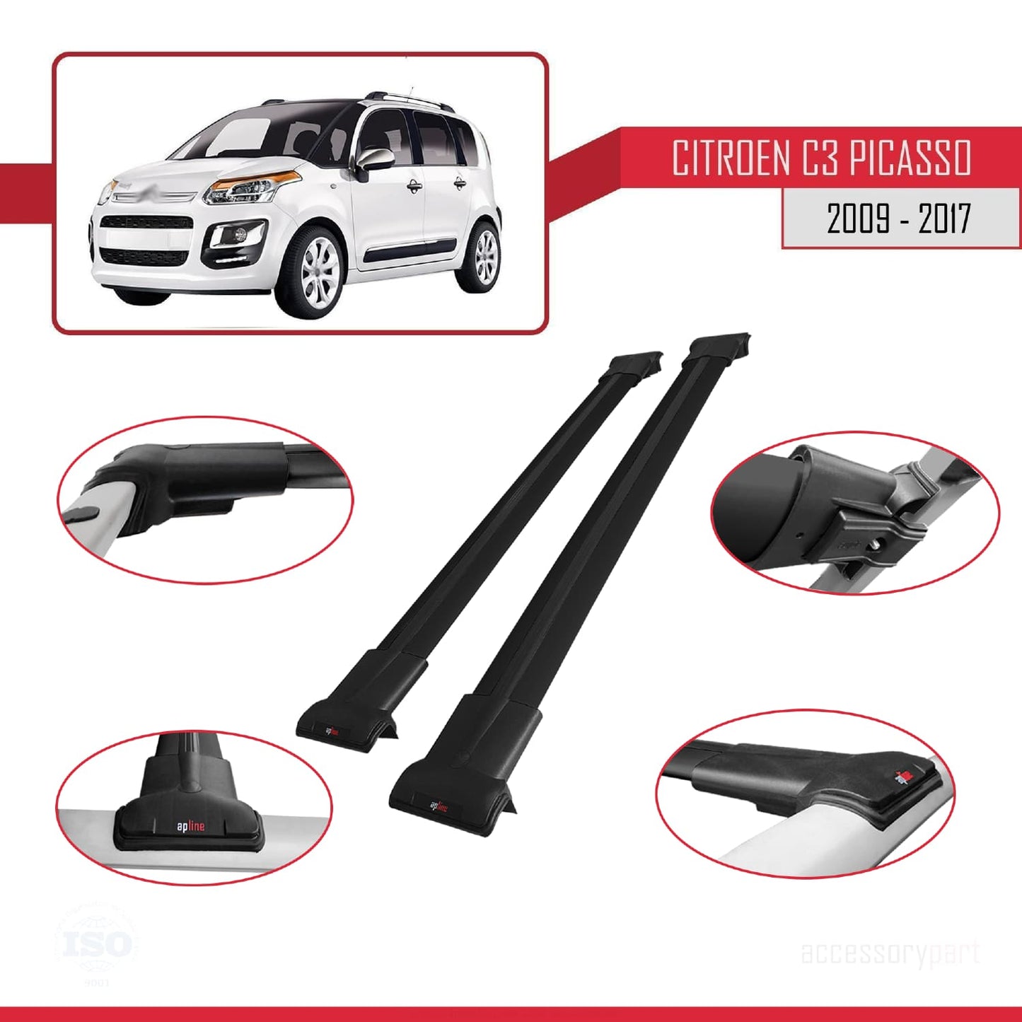 Compatible with Citroen C3 Picasso 2009-2017 FLY Model Car Roof Rack Cross Bar Black Aluminium 2 Bars