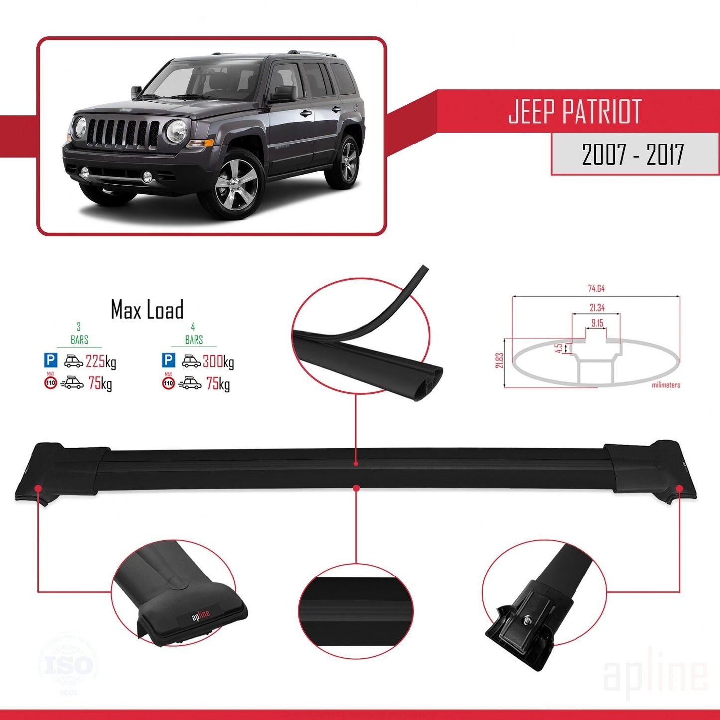 Compatible with Jeep Patriot 2007-2017 FLY Model Car Roof Rack Cross Bar Black Aluminium 3 Bars
