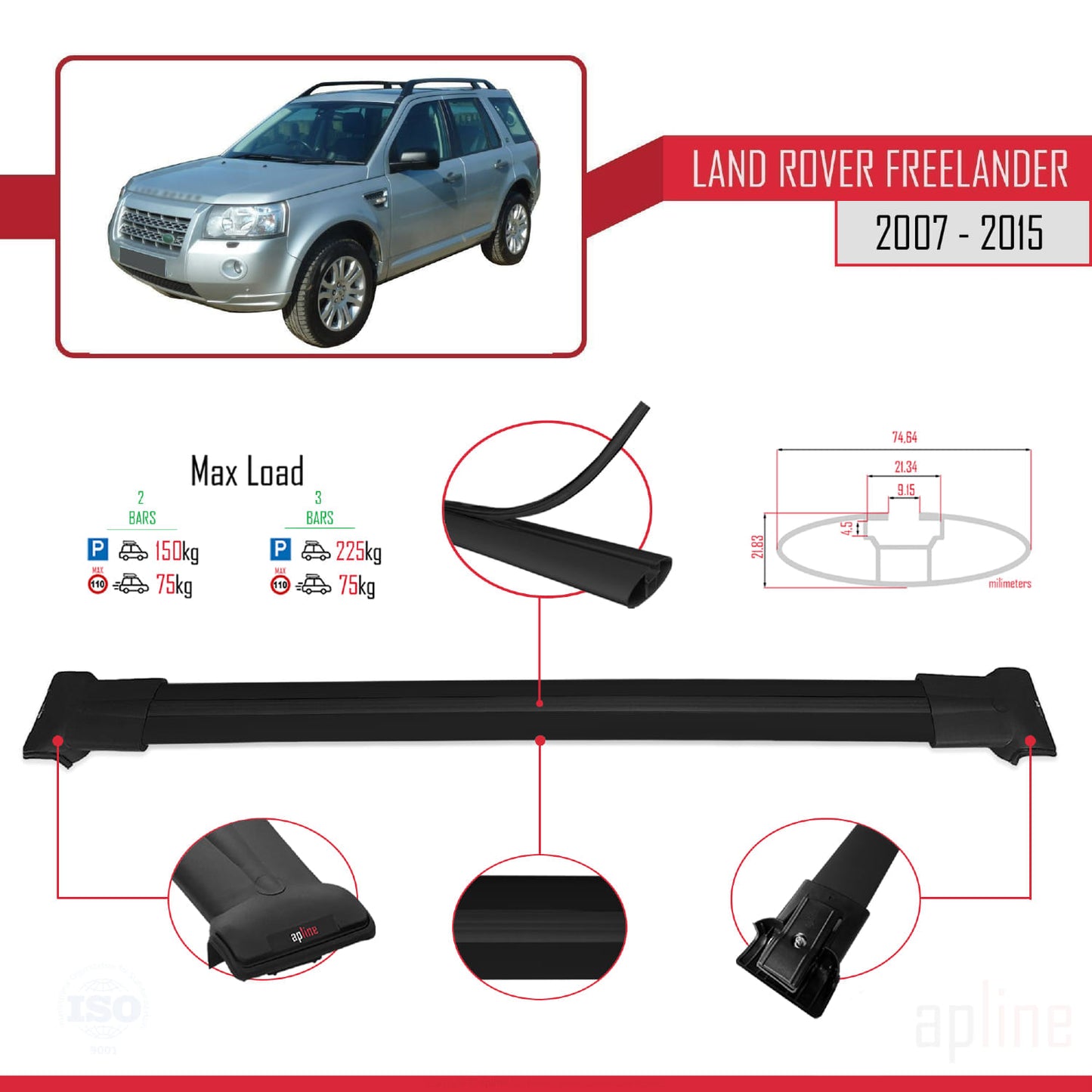Compatible with Land Rover Freelander 2 (L359) 2007-2015 FLY Model Car Roof Rack Cross Bar Black Aluminium 2 Bars