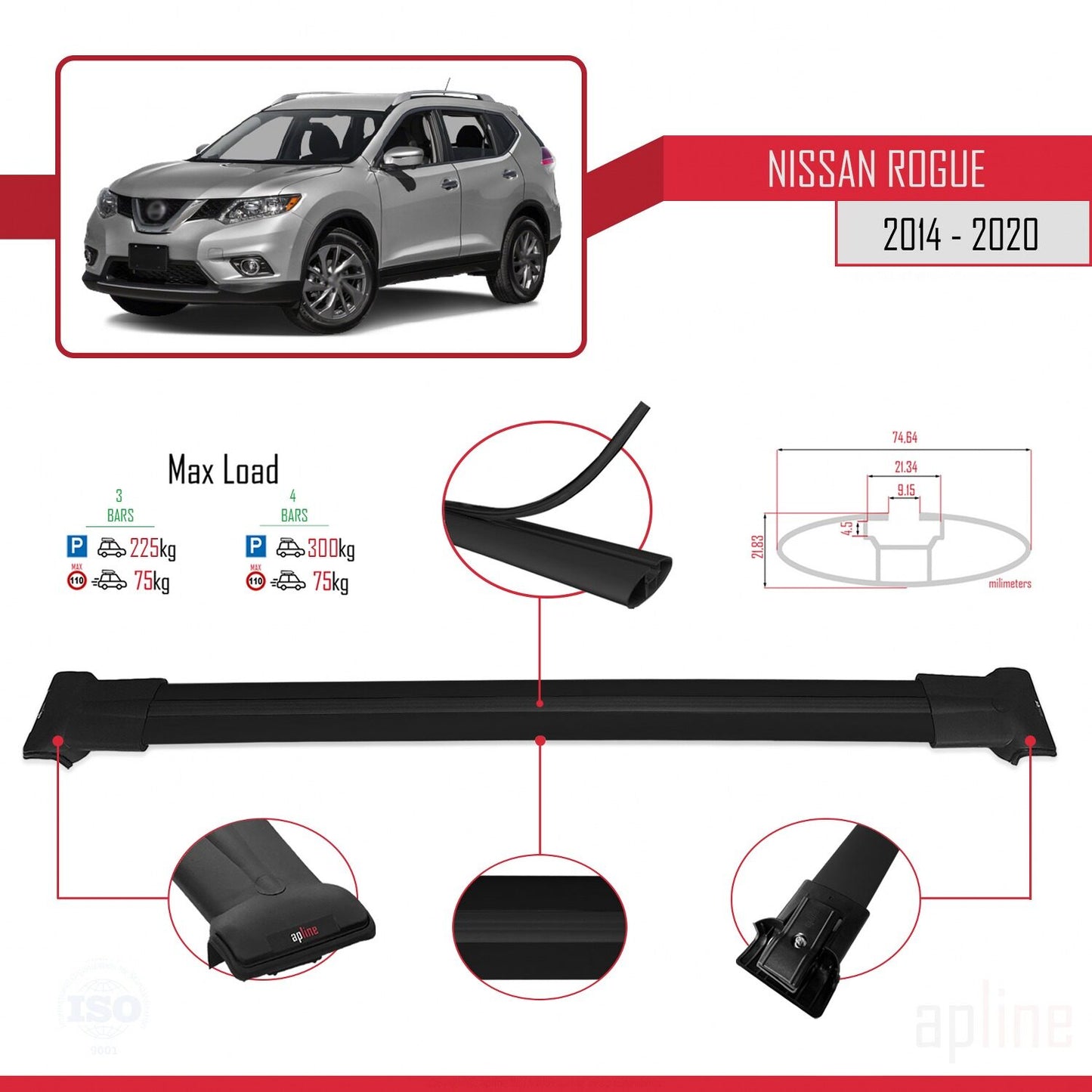 Compatible with Nissan Rogue 2 (T32) 2014-2020 FLY Model Car Roof Rack Cross Bar Black Aluminium 3 Bars