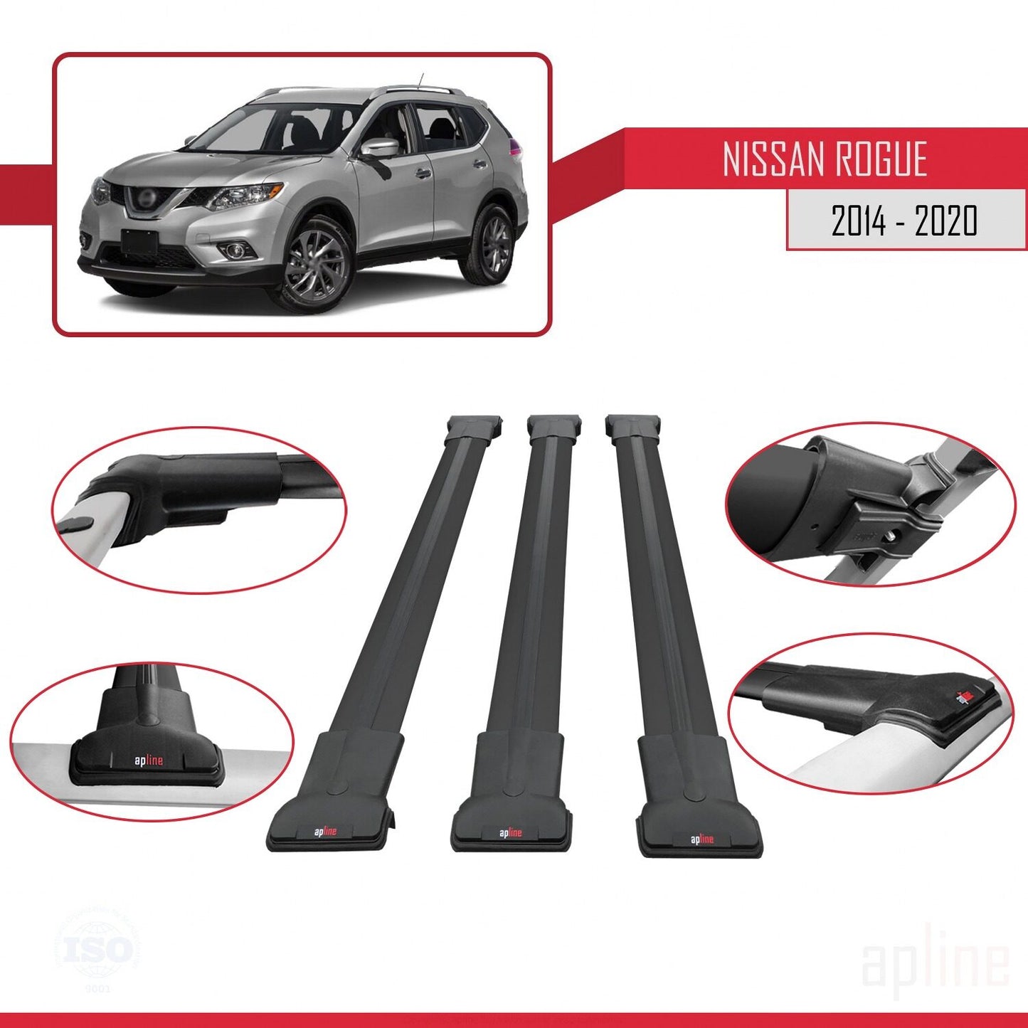 Compatible with Nissan Rogue 2 (T32) 2014-2020 FLY Model Car Roof Rack Cross Bar Black Aluminium 3 Bars