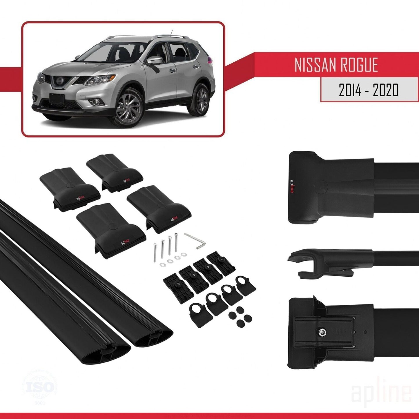 Compatible with Nissan Rogue 2 (T32) 2014-2020 FLY Model Car Roof Rack Cross Bar Black Aluminium 2 Bars
