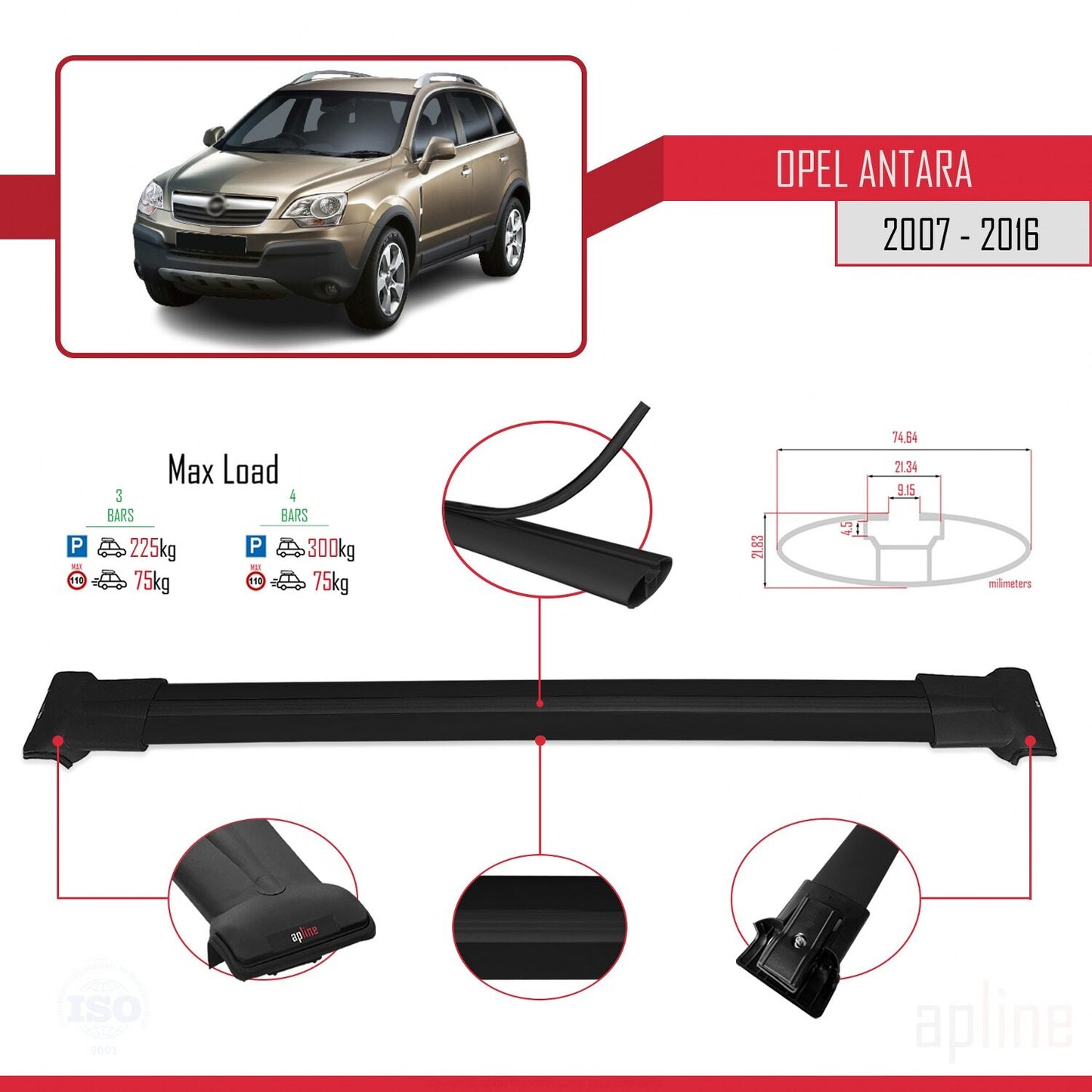 Compatible with Opel Antara 2007-2016 FLY Model Car Roof Rack Cross Bar Black Aluminium 3 Bars