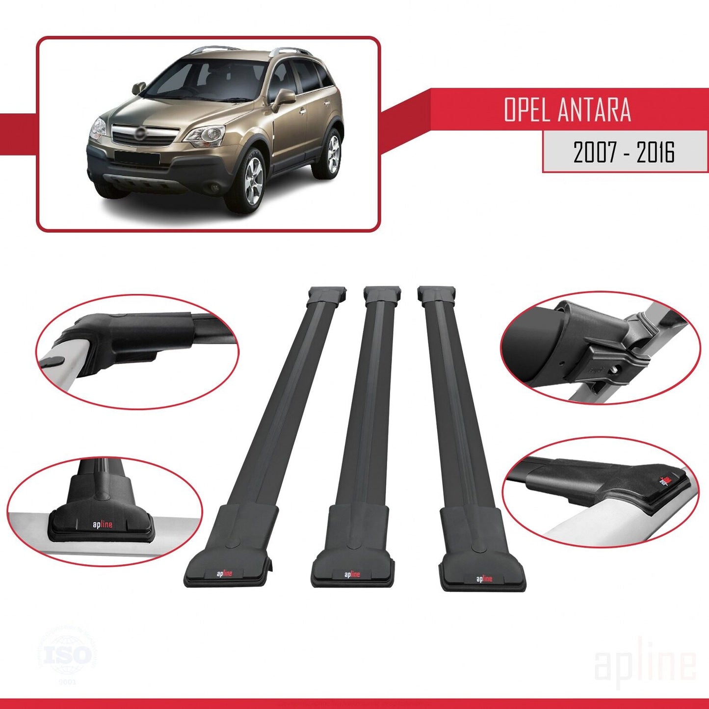 Compatible with Opel Antara 2007-2016 FLY Model Car Roof Rack Cross Bar Black Aluminium 3 Bars