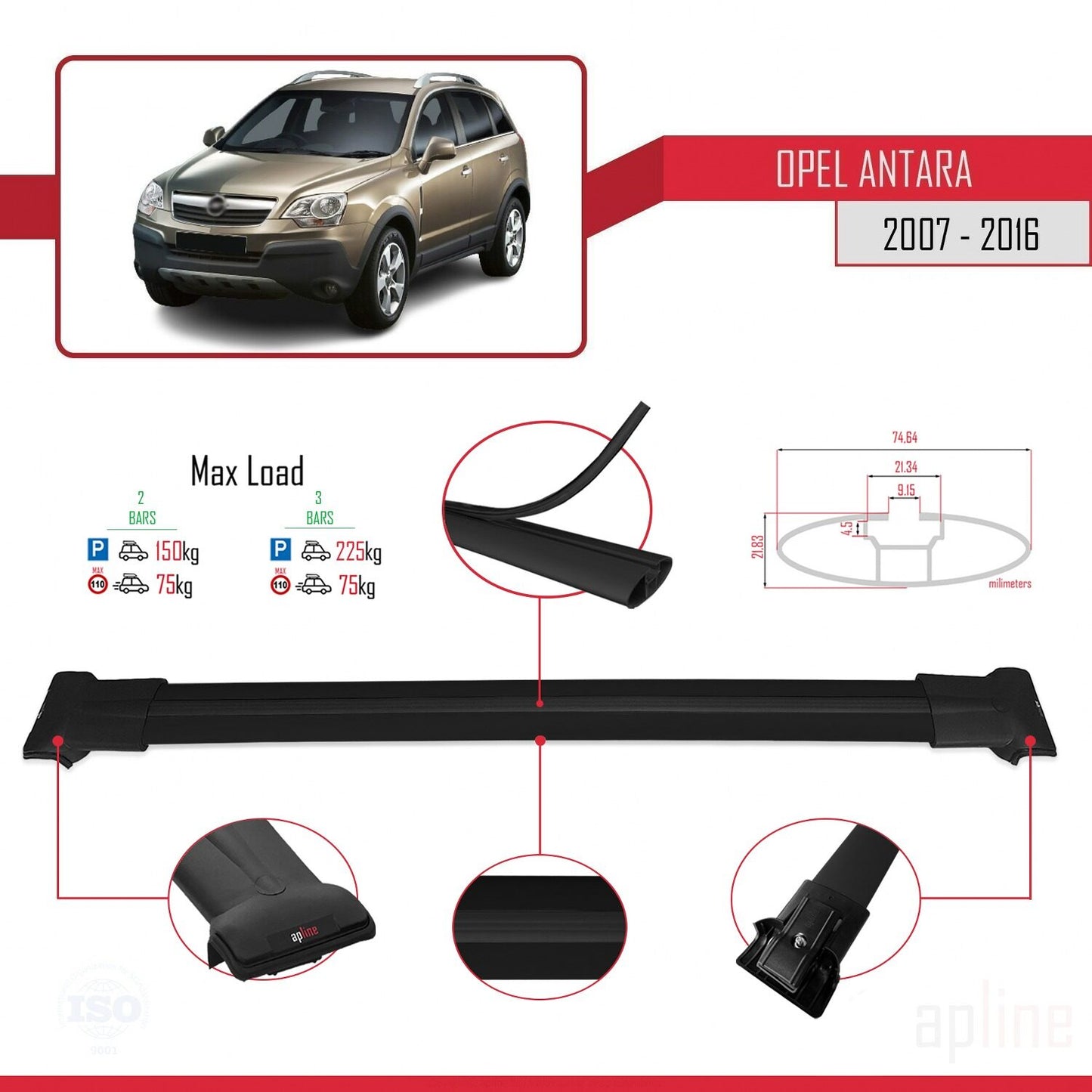 Compatible with Opel Antara 2007-2016 FLY Model Car Roof Rack Cross Bar Black Aluminium 2 Bars