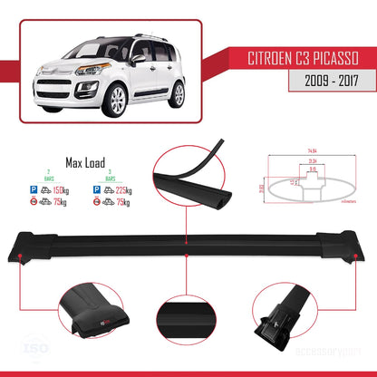 Compatible with Citroen C3 Picasso 2009-2017 FLY Model Car Roof Rack Cross Bar Black Aluminium 2 Bars
