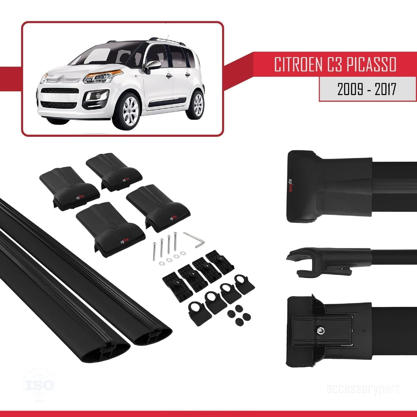 Compatible with Citroen C3 Picasso 2009-2017 FLY Model Car Roof Rack Cross Bar Black Aluminium 2 Bars