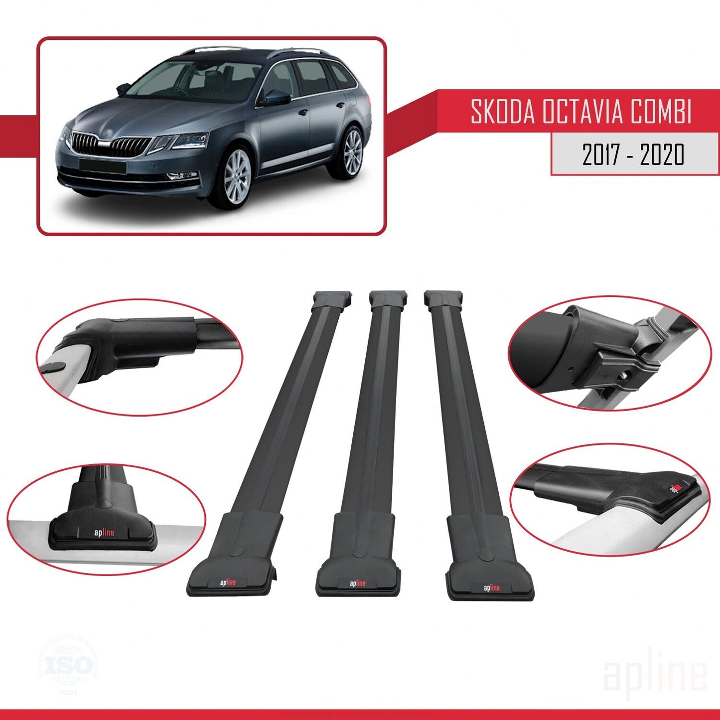 Compatible with Skoda Octavia 3 (5E) SW Post-Facelift 2017-2020 FLY Model Car Roof Rack Cross Bar Black Aluminium 3 Bars