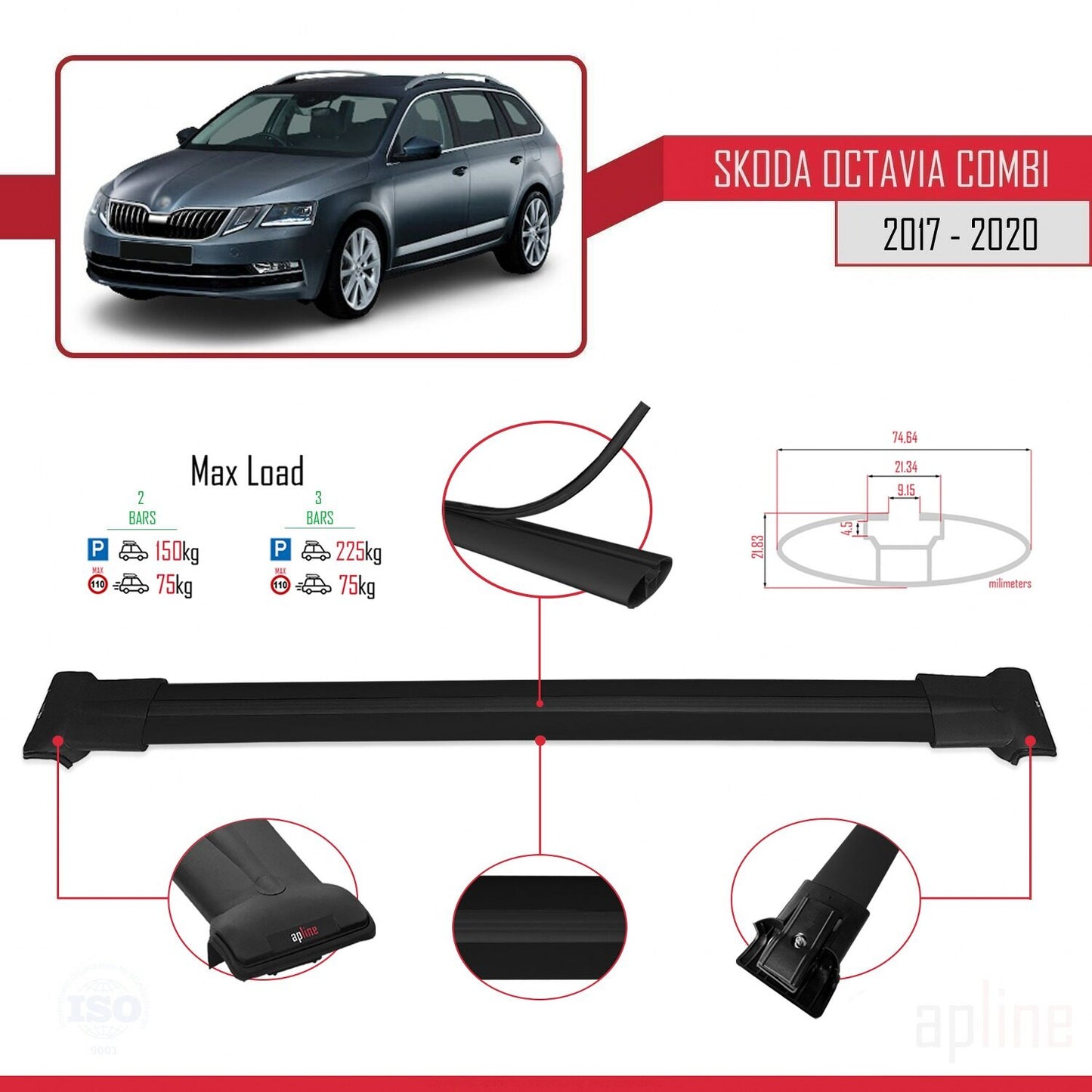 Compatible with Skoda Octavia 3 (5E) SW Post-Facelift 2017-2020 FLY Model Car Roof Rack Cross Bar Black Aluminium 2 Bars
