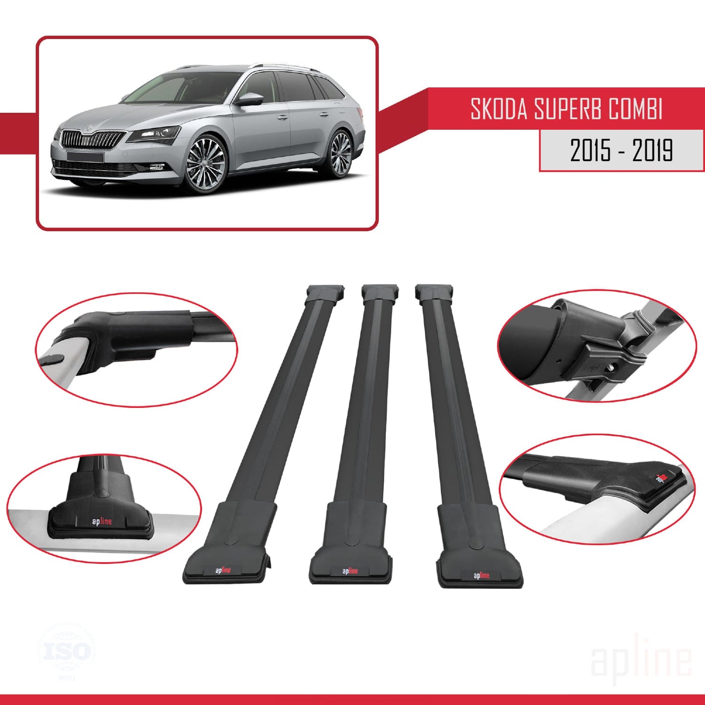 Compatible with Skoda Superb 3 (3V) SW Pre-Facelift 2015-2019 FLY Model Car Roof Rack Cross Bar Black Aluminium 3 Bars