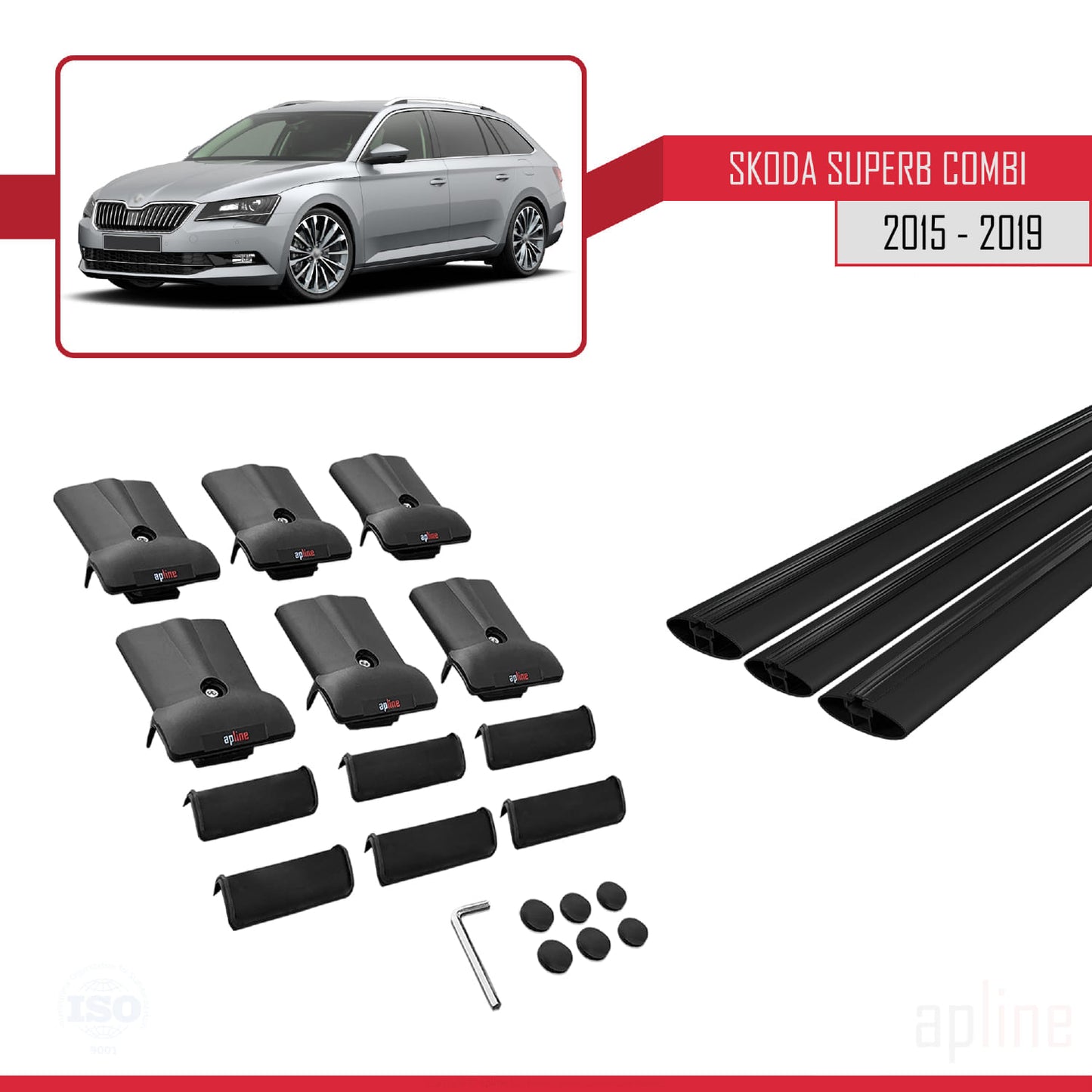 Compatible with Skoda Superb 3 (3V) SW Pre-Facelift 2015-2019 FLY Model Car Roof Rack Cross Bar Black Aluminium 3 Bars