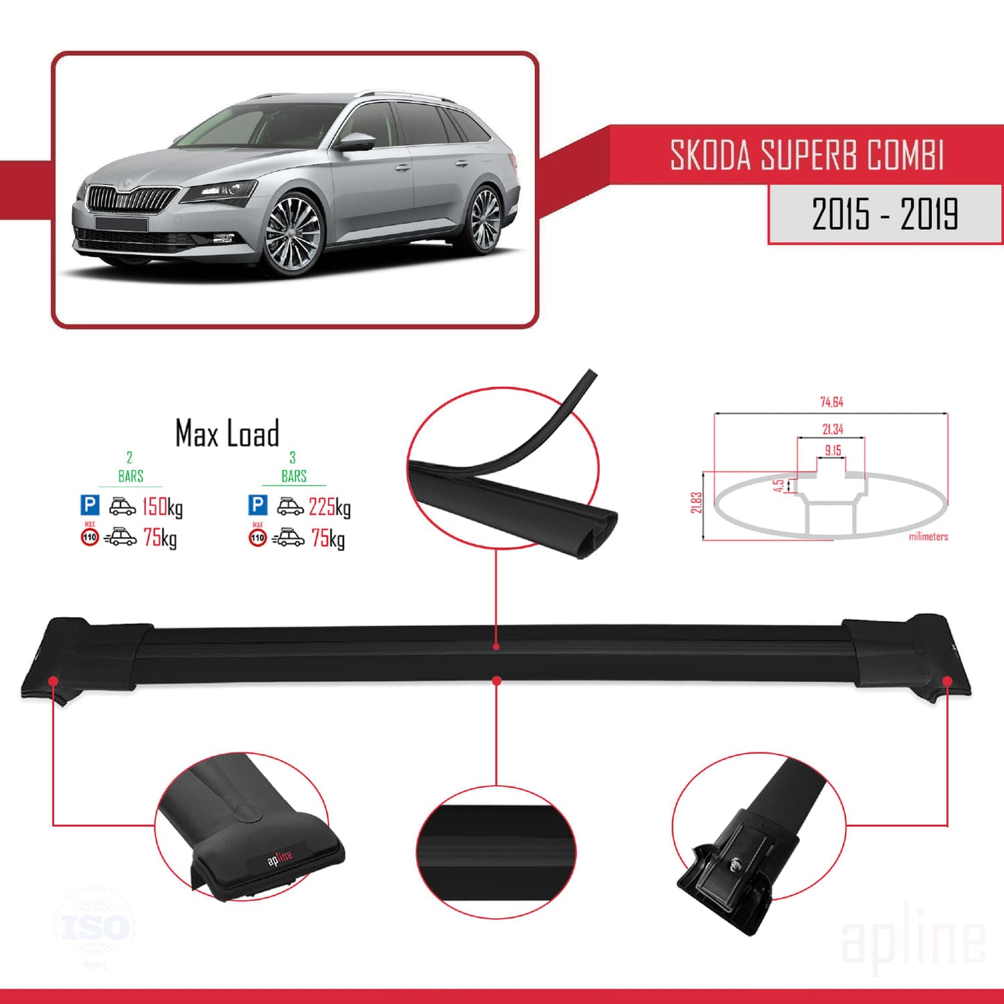 Compatible with Skoda Superb 3 (3V) SW Pre-Facelift 2015-2019 FLY Model Car Roof Rack Cross Bar Black Aluminium 2 Bars