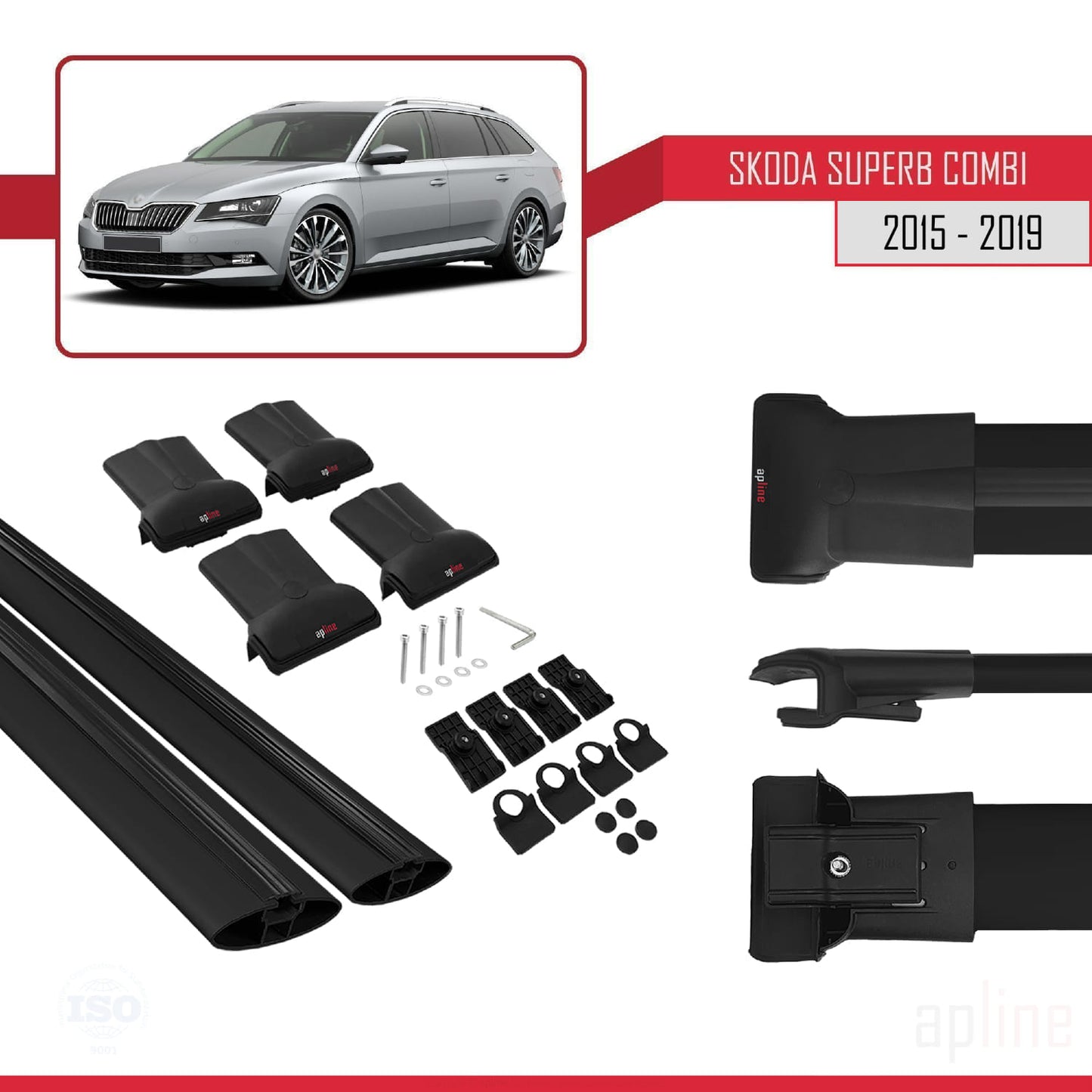 Compatible with Skoda Superb 3 (3V) SW Pre-Facelift 2015-2019 FLY Model Car Roof Rack Cross Bar Black Aluminium 2 Bars