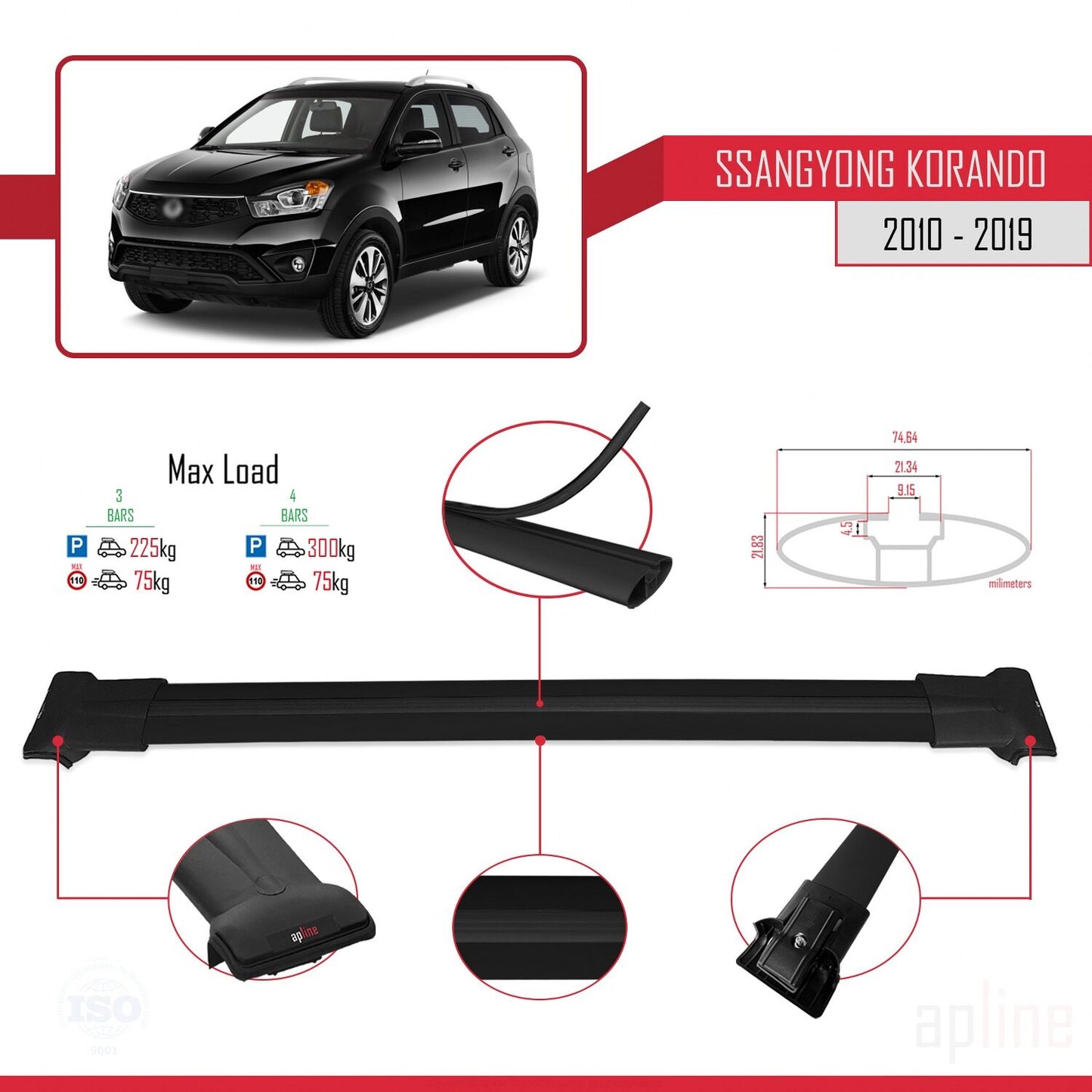 Compatible with Ssangyong Korando 3 (C200) 2010-2019 FLY Model Car Roof Rack Cross Bar Black Aluminium 3 Bars
