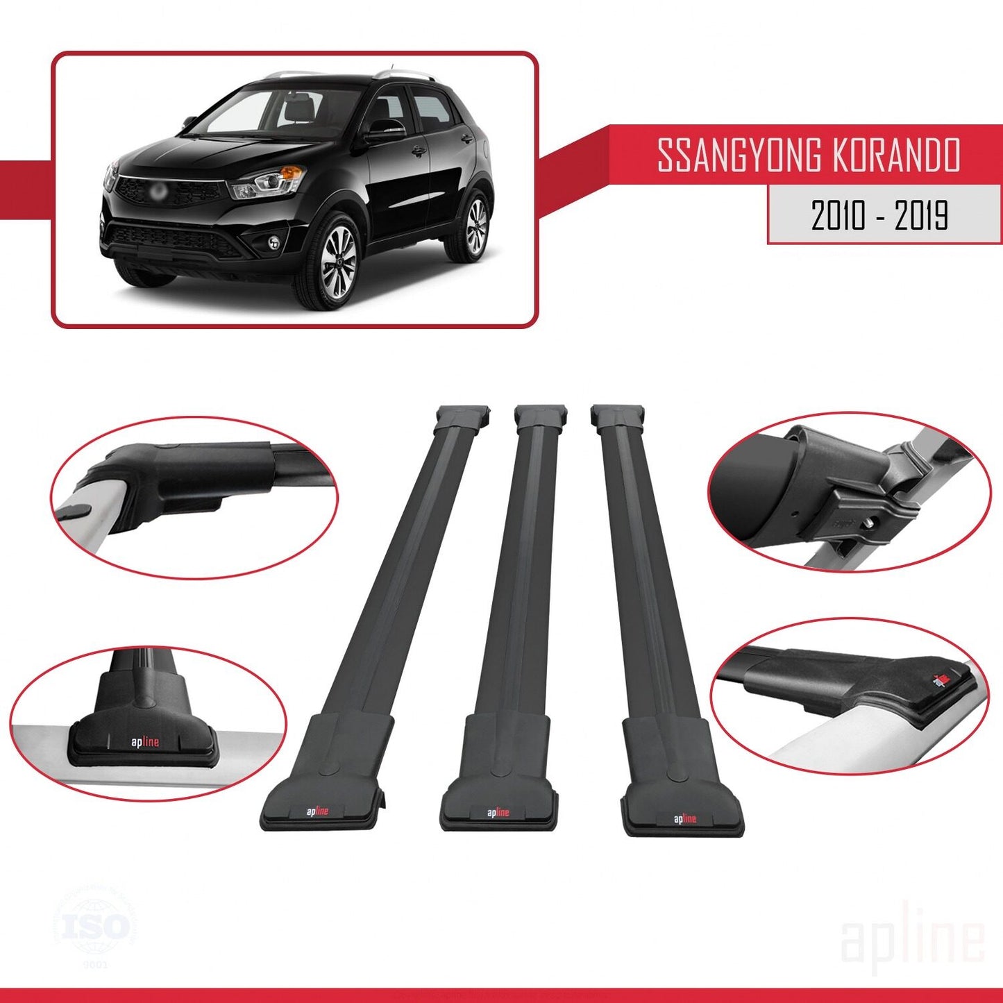 Compatible with Ssangyong Korando 3 (C200) 2010-2019 FLY Model Car Roof Rack Cross Bar Black Aluminium 3 Bars