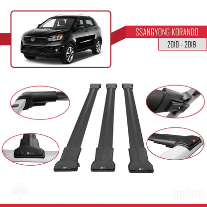 Compatible with Ssangyong Korando 3 (C200) 2010-2019 FLY Model Car Roof Rack Cross Bar Black Aluminium 3 Bars