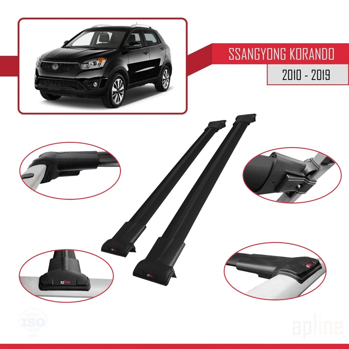Compatible with Ssangyong Korando 3 (C200) 2010-2019 FLY Model Car Roof Rack Cross Bar Black Aluminium 2 Bars