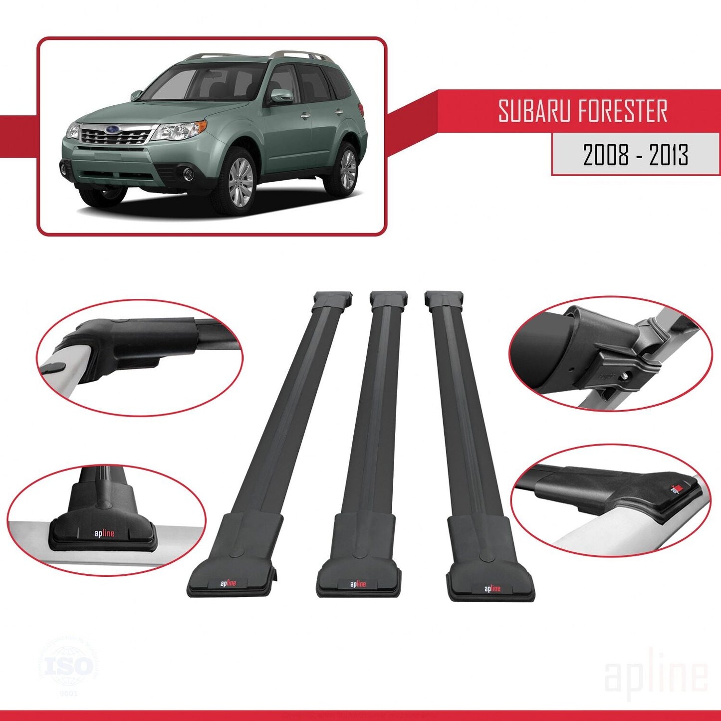Compatible with Subaru Forester 3 (SH) 2008-2013 FLY Model Car Roof Rack Cross Bar Black Aluminium 3 Bars
