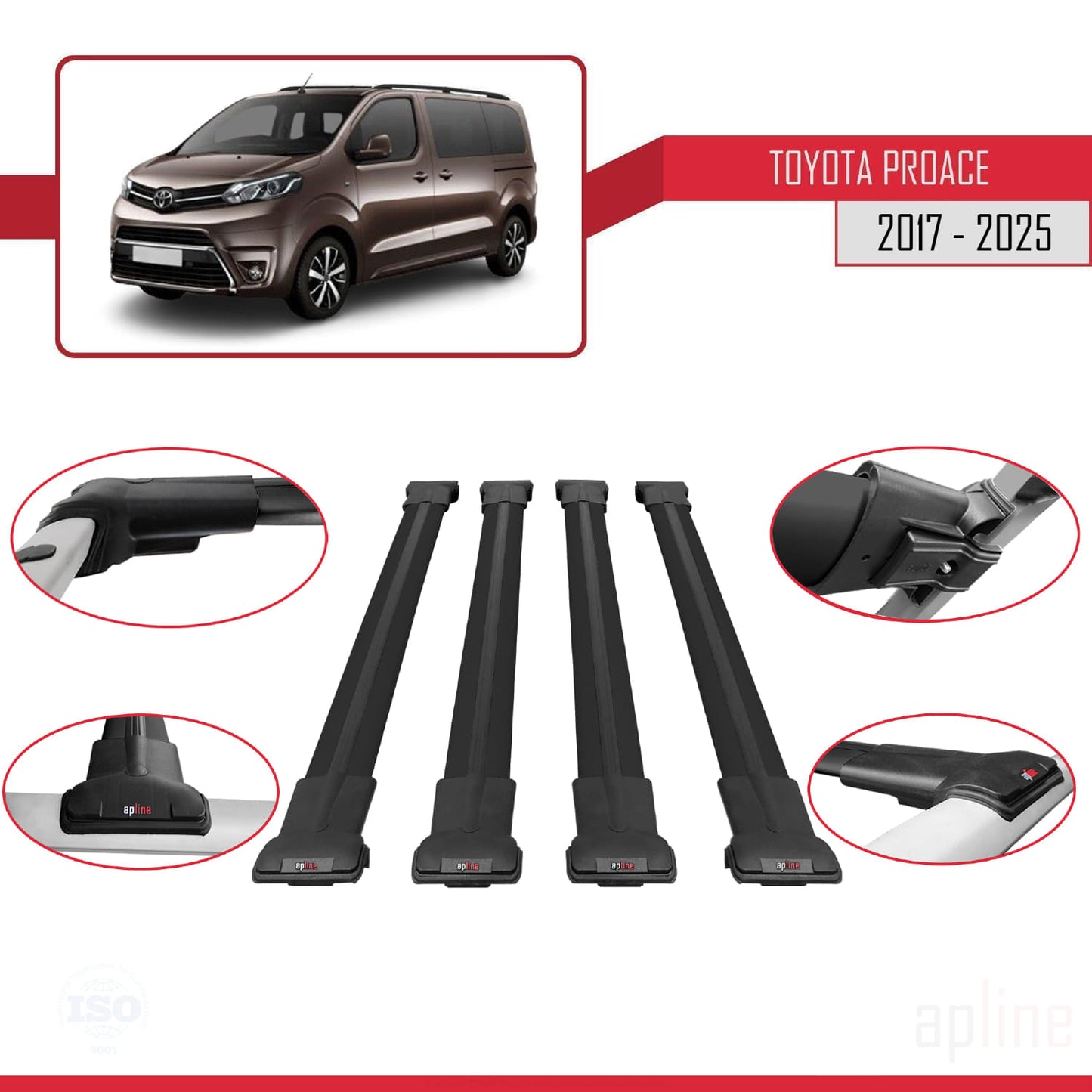 Compatible with Toyota Proace 2017-2025 FLY Model Car Roof Rack Cross Bar Black Aluminium 4 Bars
