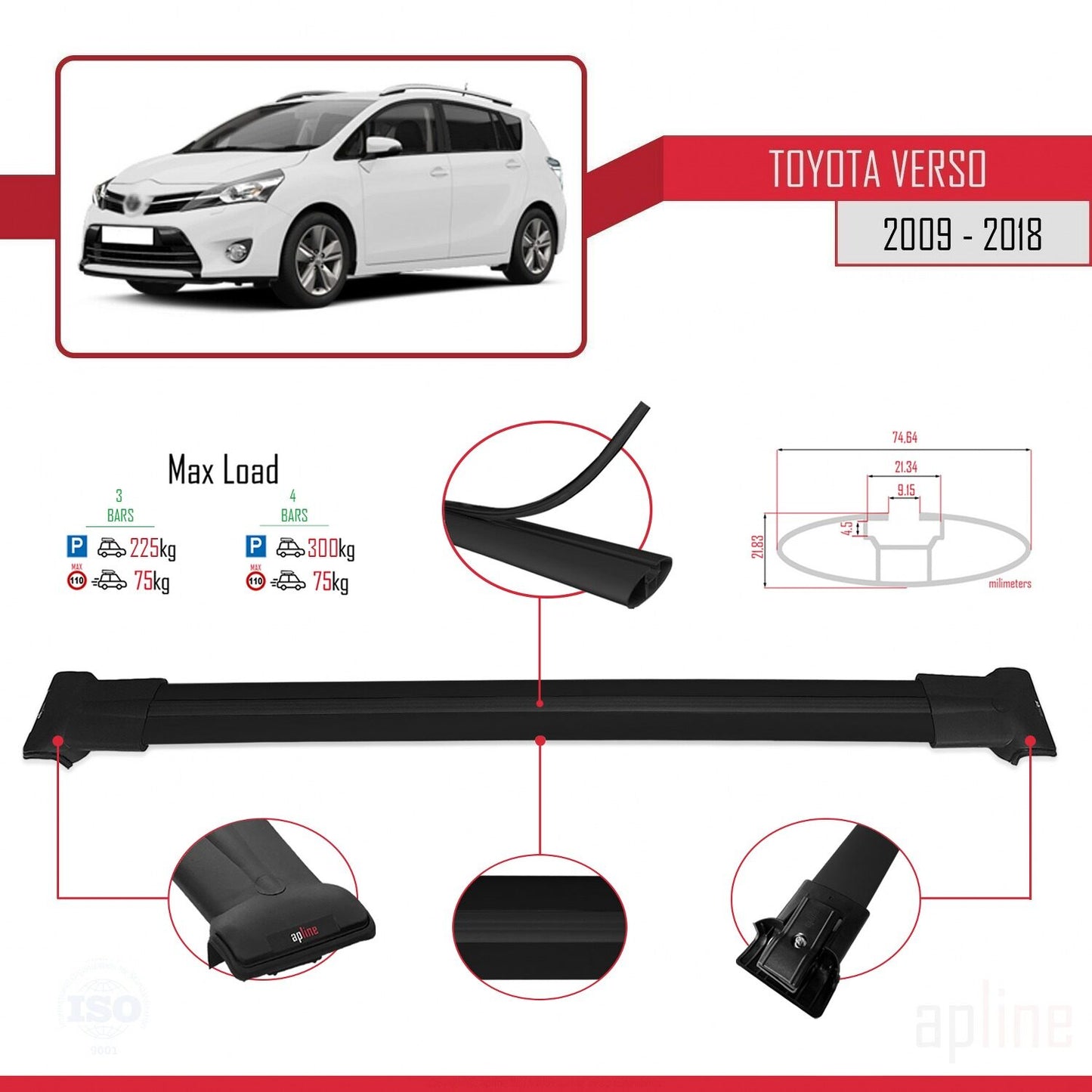 Compatible with Toyota Verso (AR20) 2009-2018 FLY Model Car Roof Rack Cross Bar Black Aluminium 3 Bars