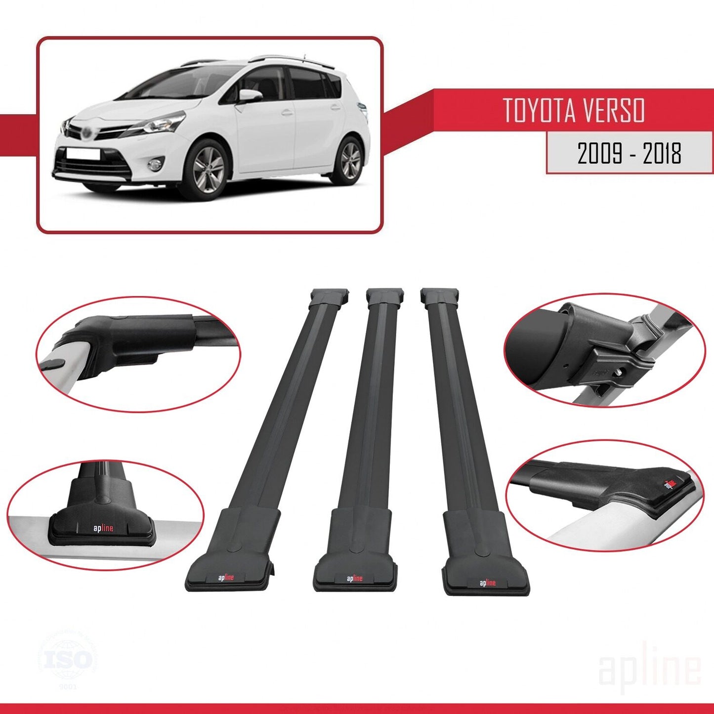 Compatible with Toyota Verso (AR20) 2009-2018 FLY Model Car Roof Rack Cross Bar Black Aluminium 3 Bars