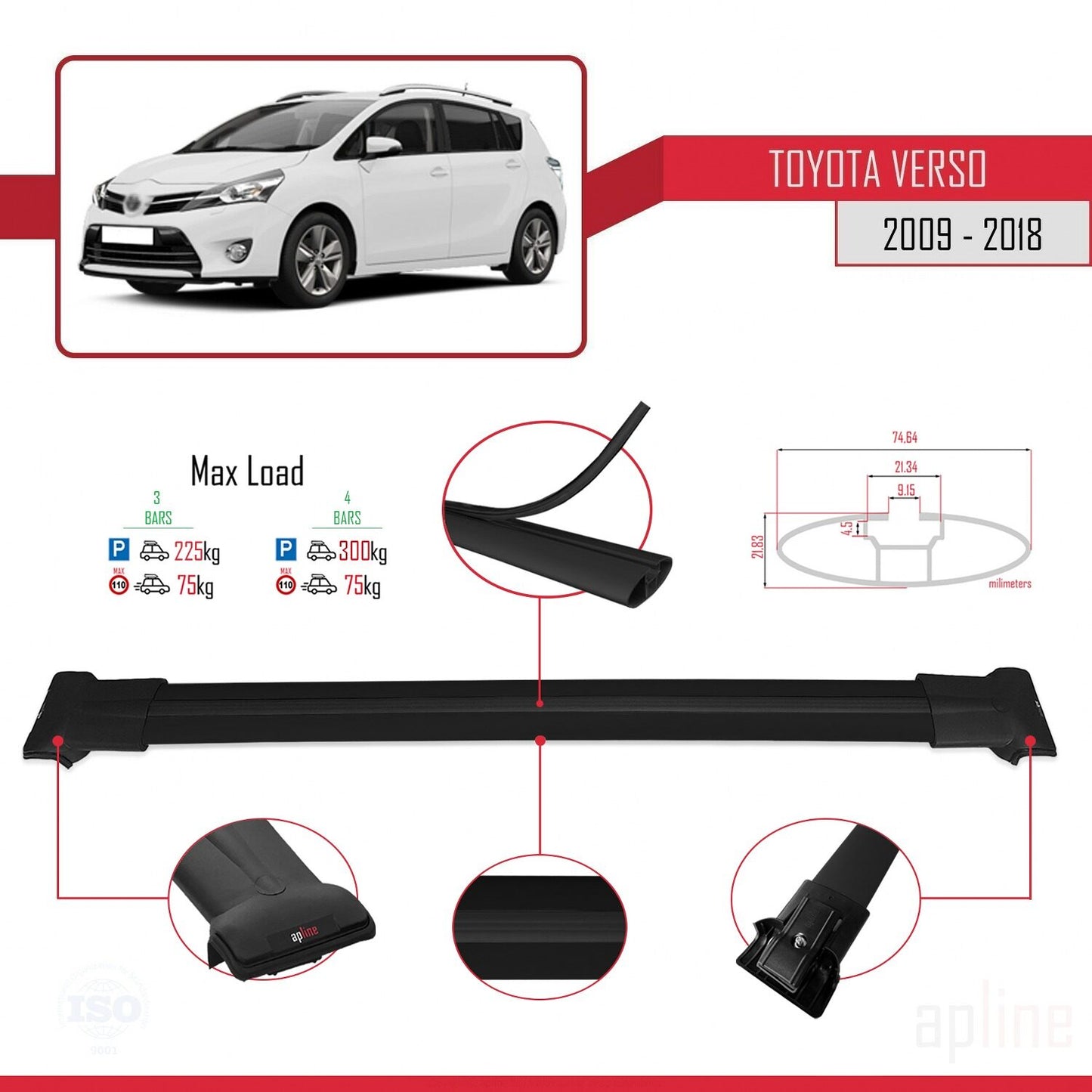 Compatible with Toyota Verso (AR20) 2009-2018 FLY Model Car Roof Rack Cross Bar Black Aluminium 4 Bars
