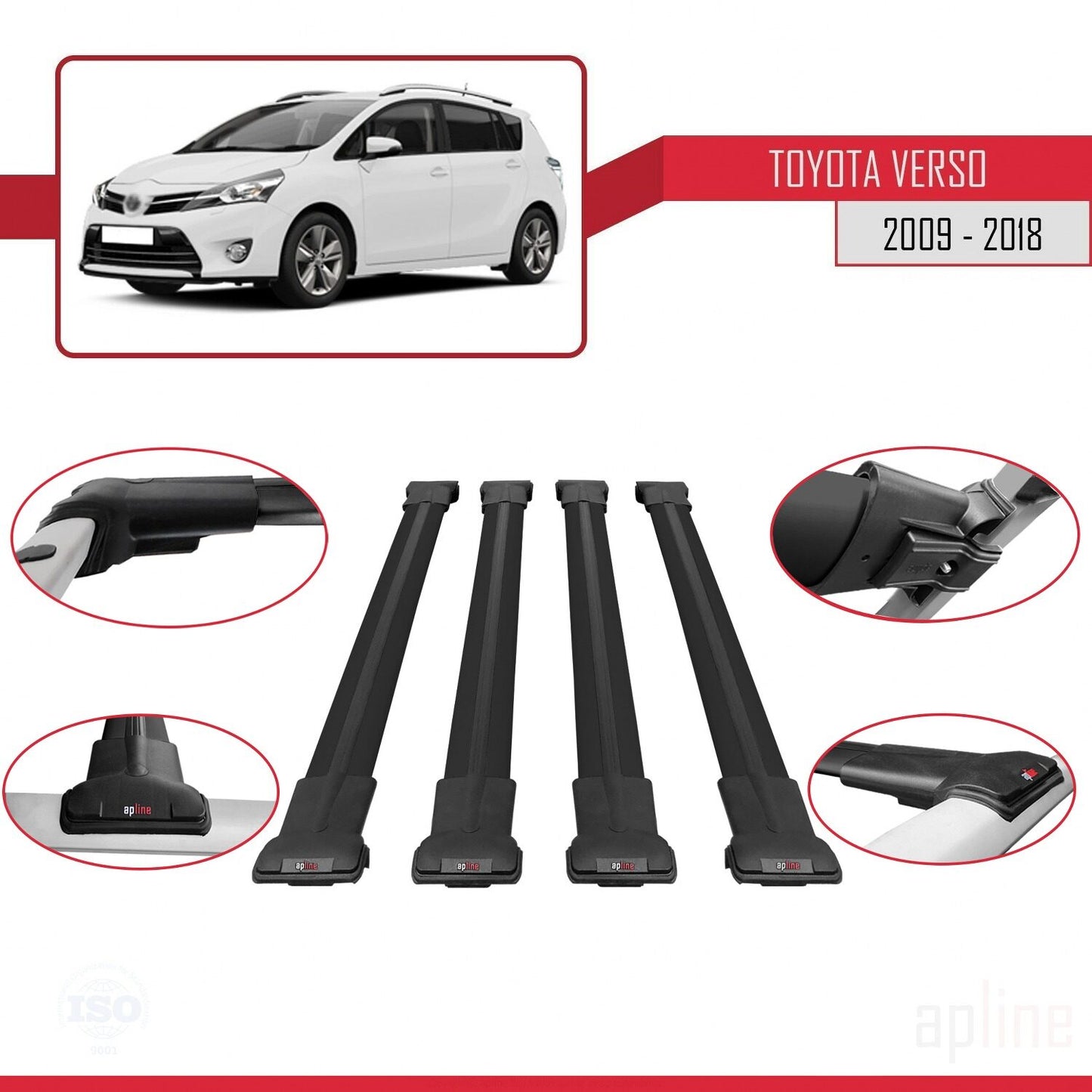 Compatible with Toyota Verso (AR20) 2009-2018 FLY Model Car Roof Rack Cross Bar Black Aluminium 4 Bars